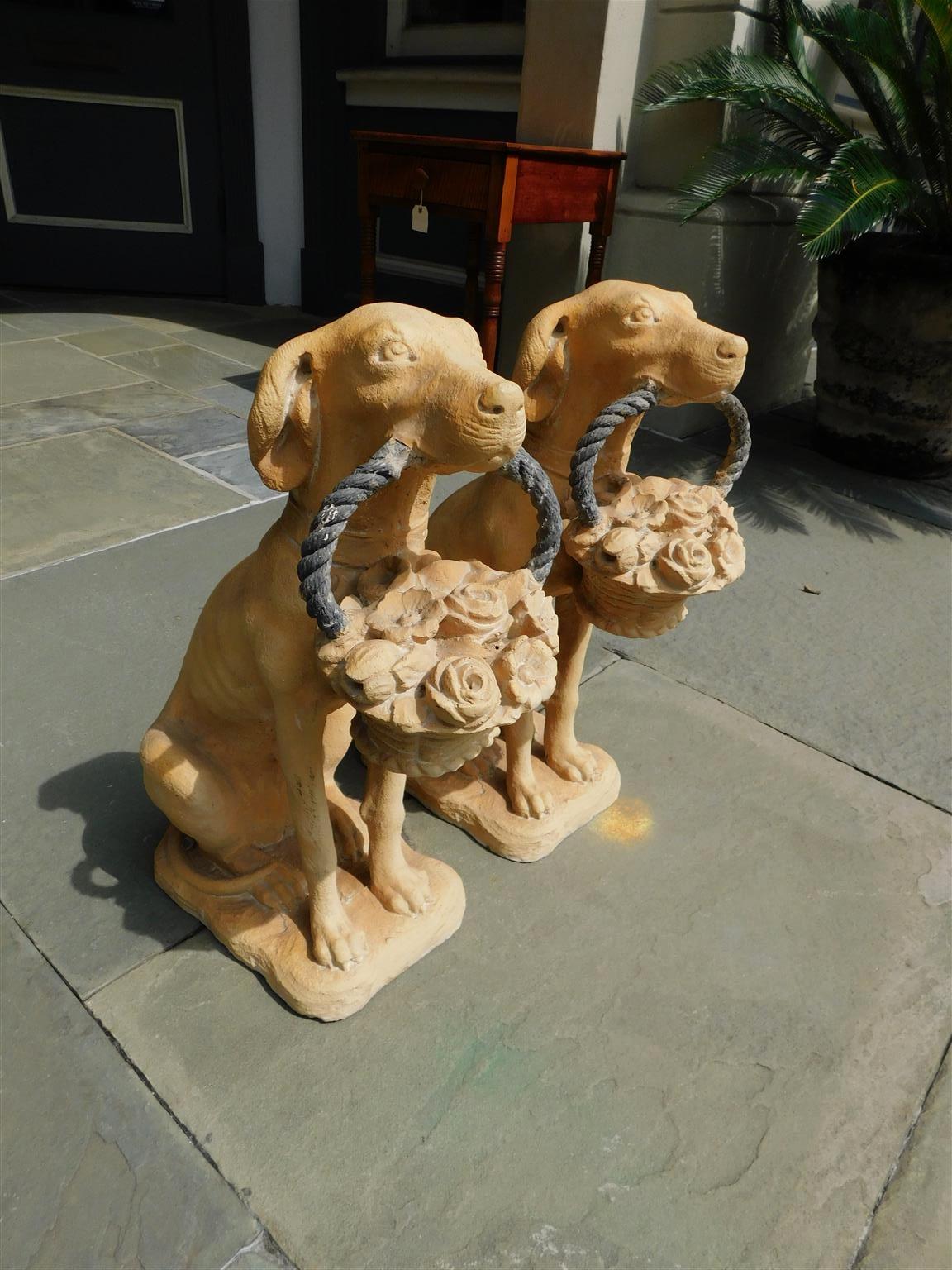 American Empire Pair of American Terracotta Labrador Statues with Rope Flower Baskets 20th Cent