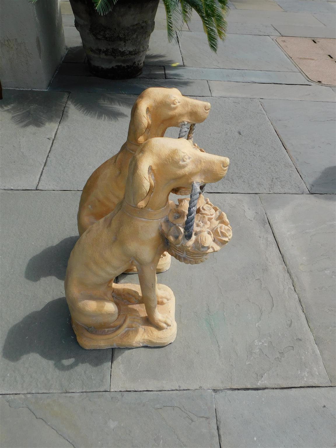 Pair of American Terracotta Labrador Statues with Rope Flower Baskets 20th Cent In Excellent Condition In Hollywood, SC