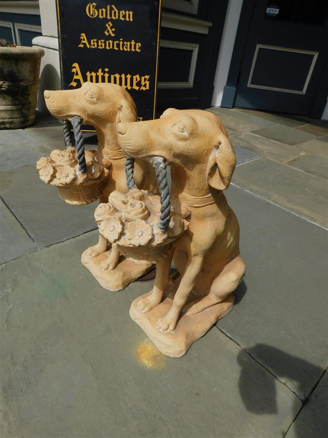 Pair of American Terracotta Labrador Statues with Rope Flower Baskets 20th Cent 1