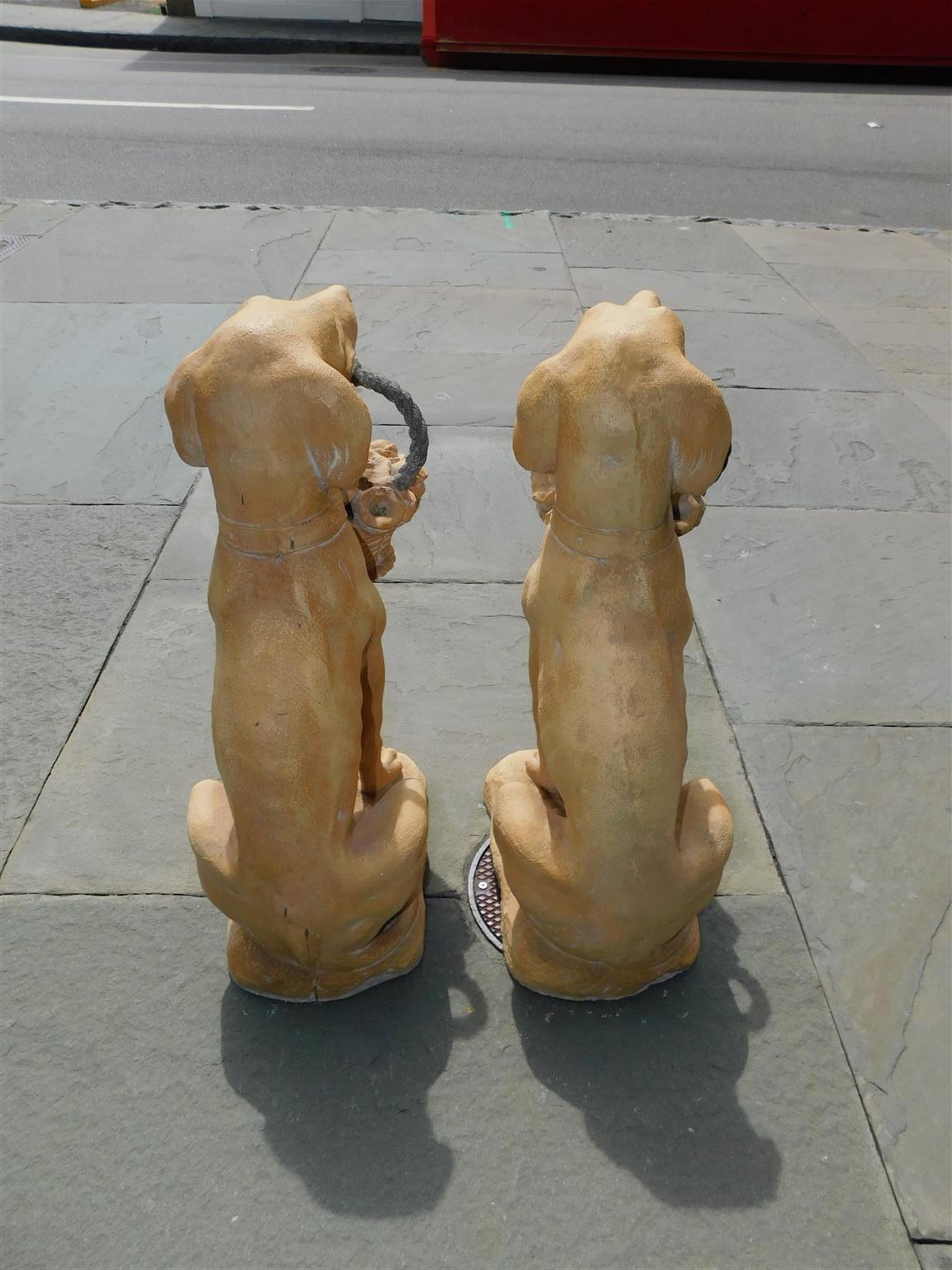 Pair of American Terracotta Labrador Statues with Rope Flower Baskets 20th Cent 2