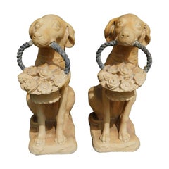 Pair of American Terracotta Labrador Statues with Rope Flower Baskets 20th Cent