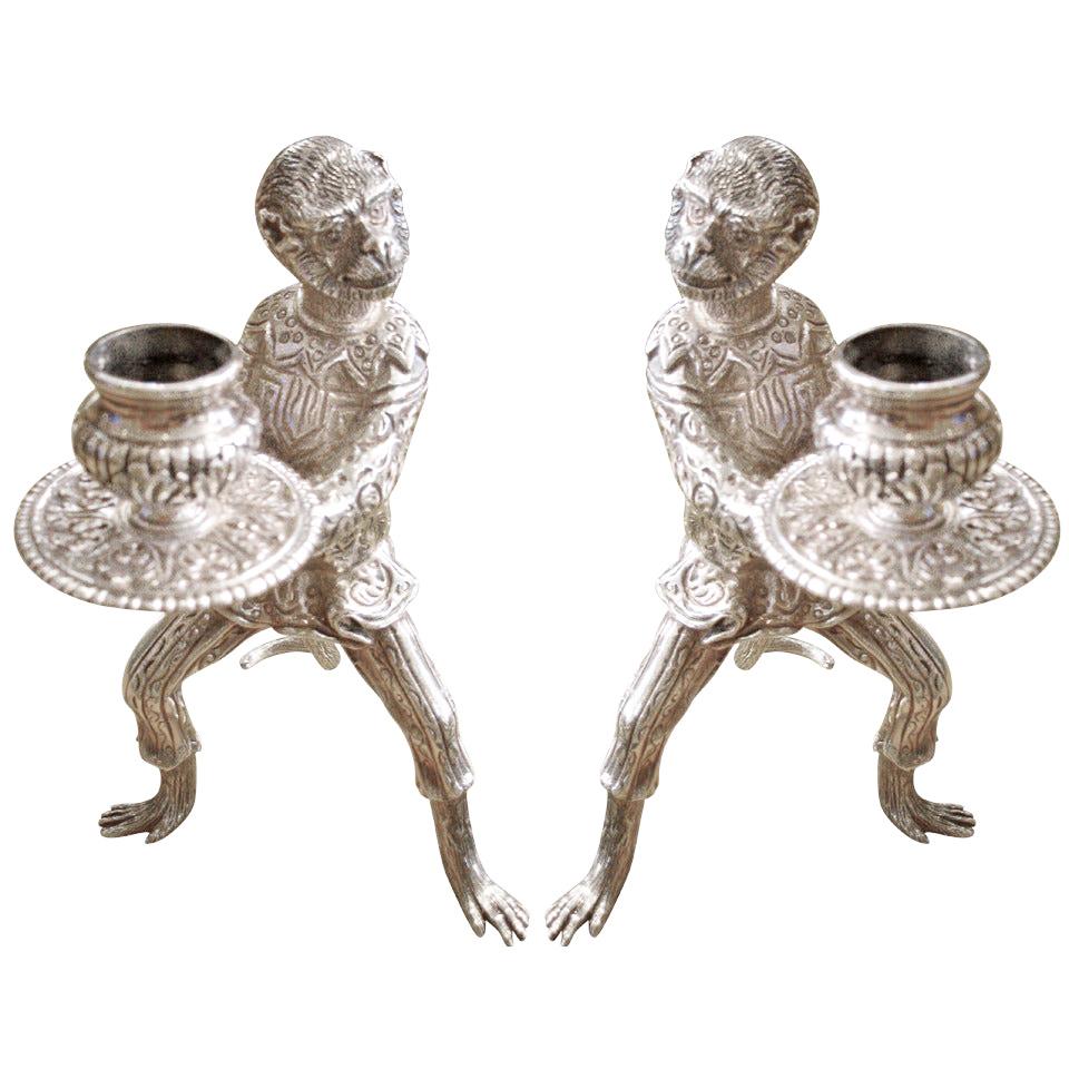 Pair of American Tiffany Sterling Silver Monkey Candlesticks