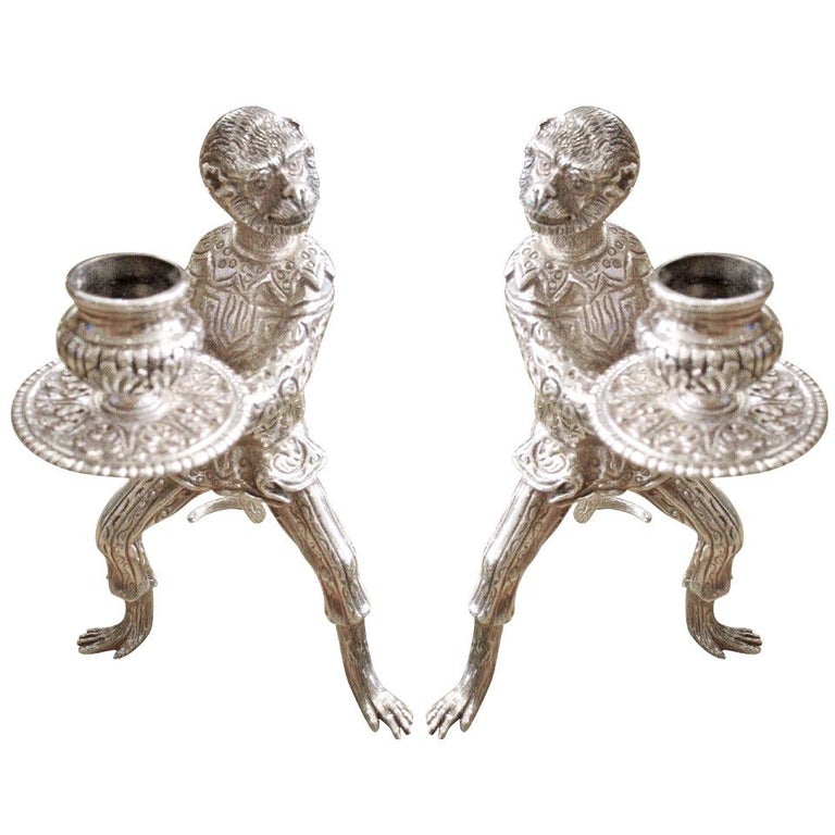 Pair of American Tiffany Sterling Silver Monkey Candlesticks For Sale