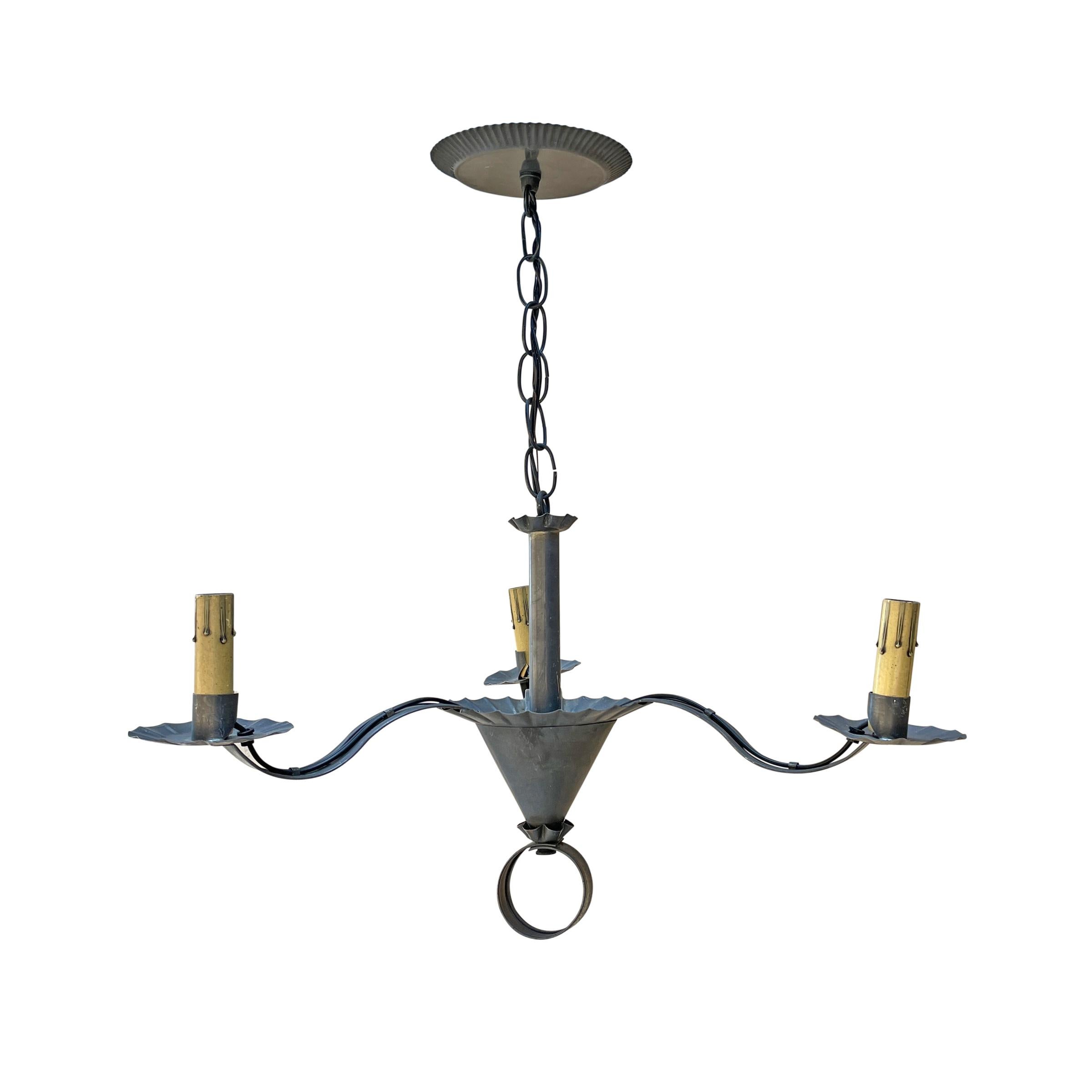 American Colonial Pair of American Tin Three-Arm Chandeliers