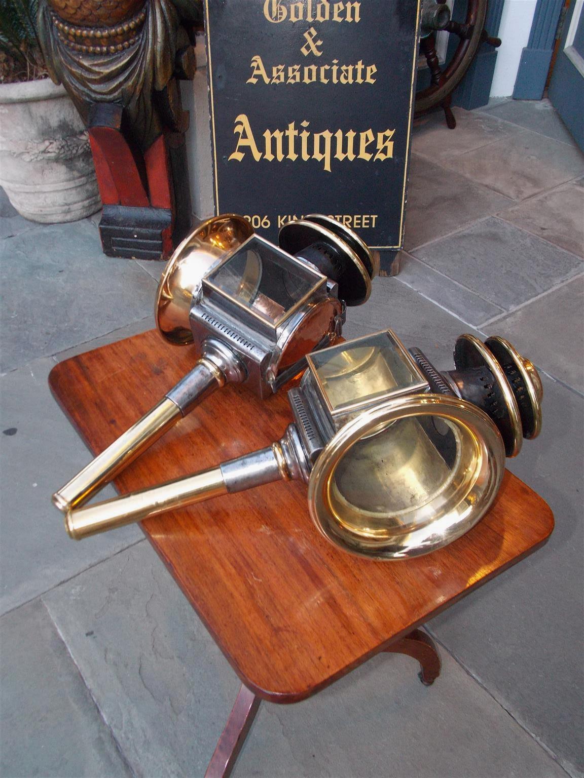 American Empire Pair of American Two-Tiered Polished Steel and Brass Coach Lanterns, Circa 1820 For Sale
