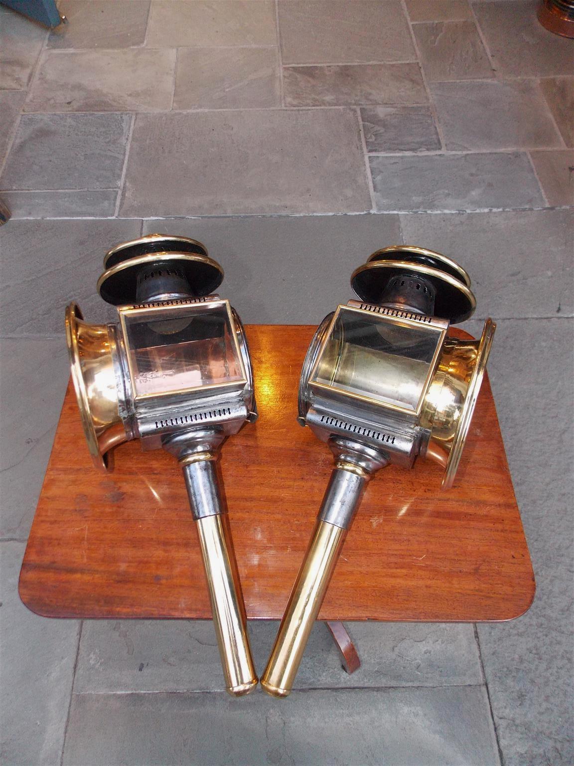 Cast Pair of American Two-Tiered Polished Steel and Brass Coach Lanterns, Circa 1820 For Sale