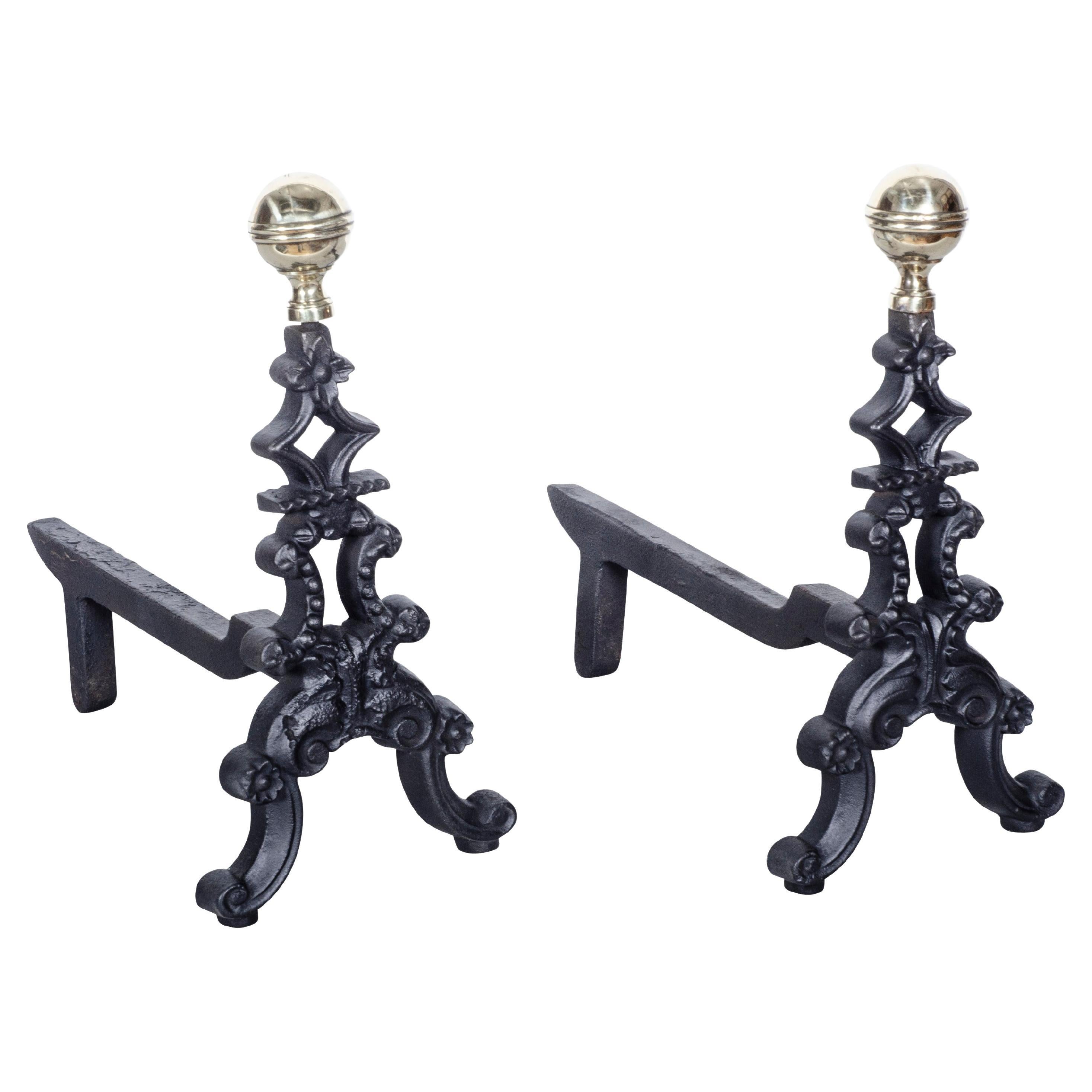 Pair of American Victorian Brass and Cast Iron Andirons For Sale