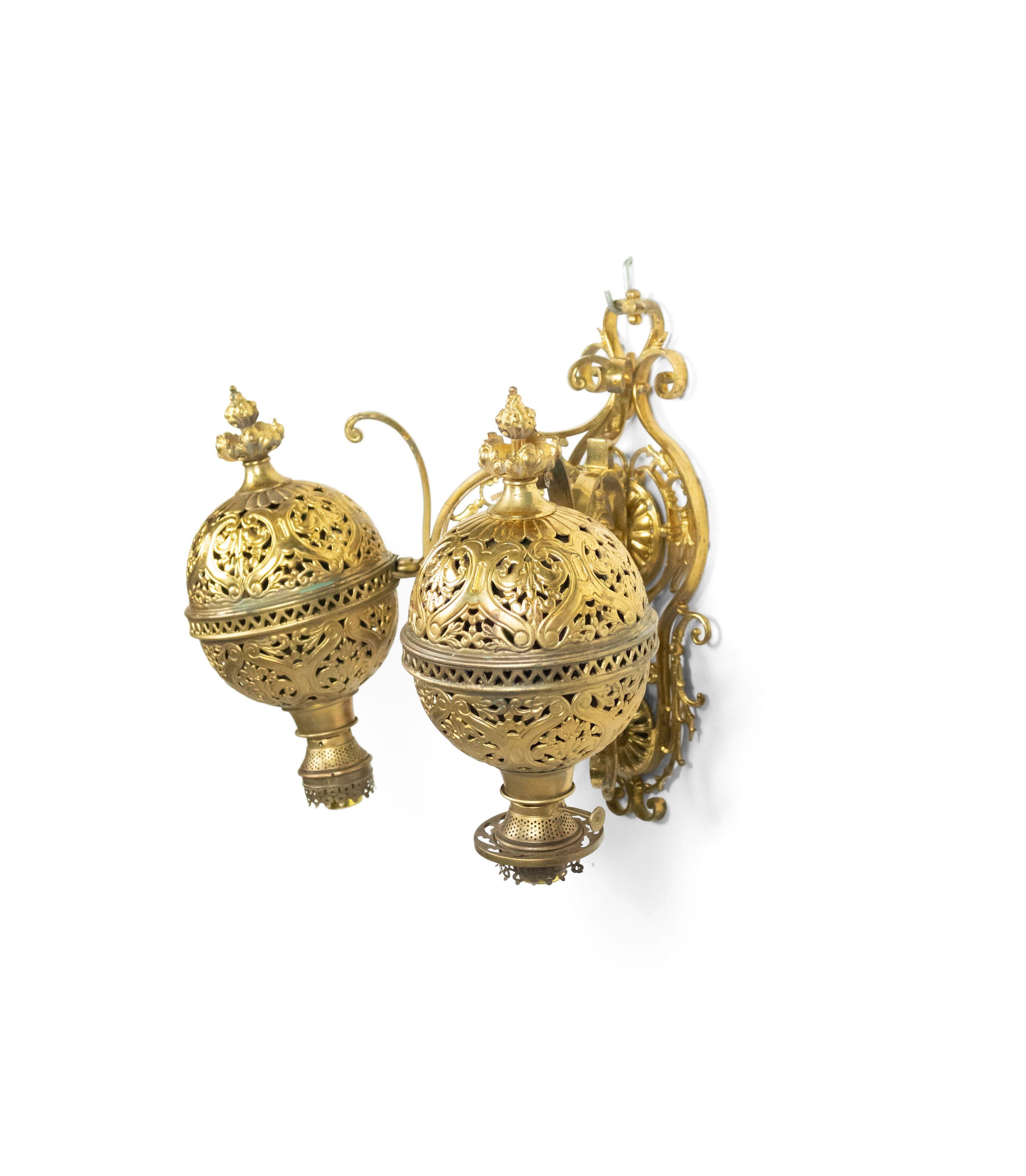 19th Century Pair of American Victorian Brass Filigree Oil Wall Sconces For Sale