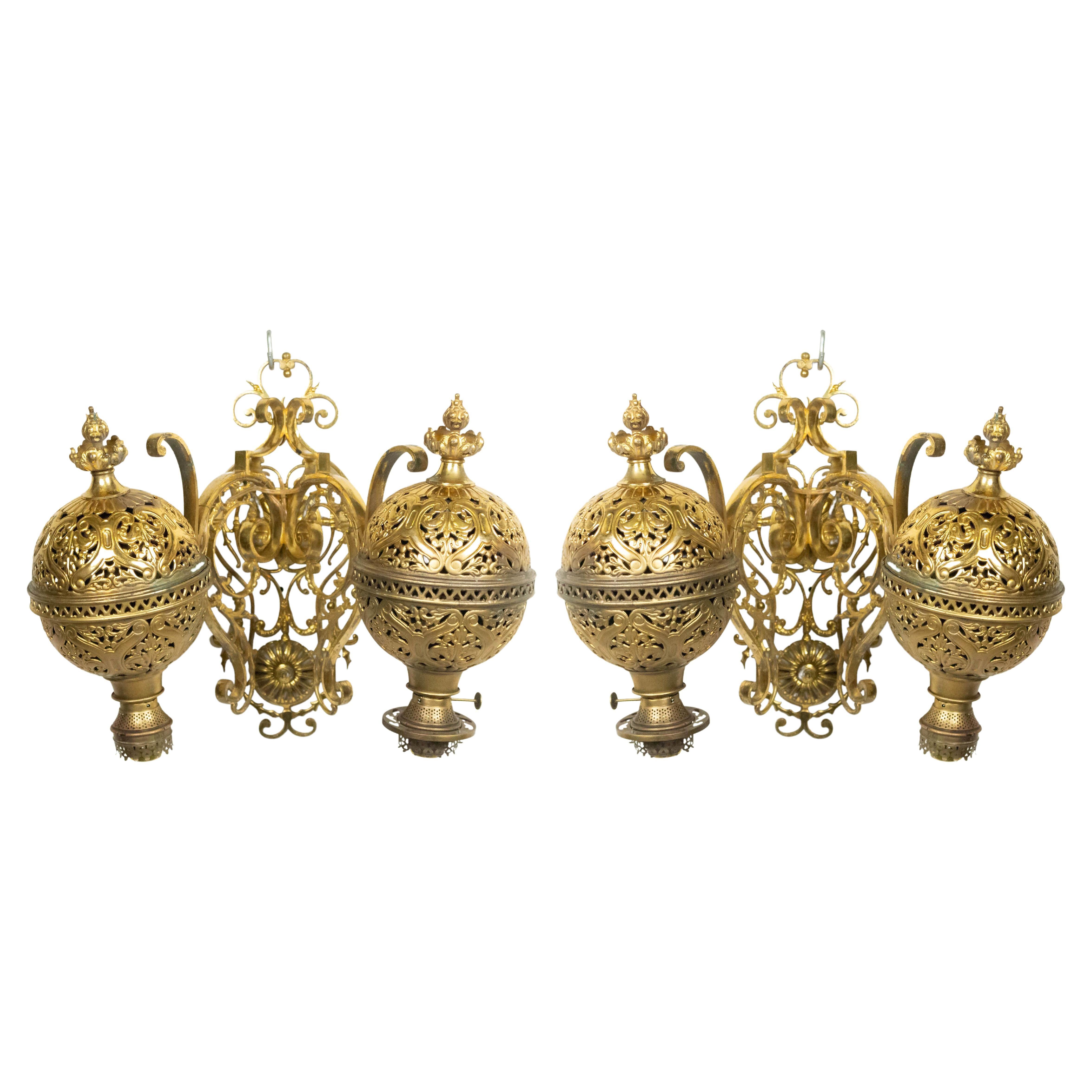 Pair of American Victorian Brass Filigree Oil Wall Sconces For Sale