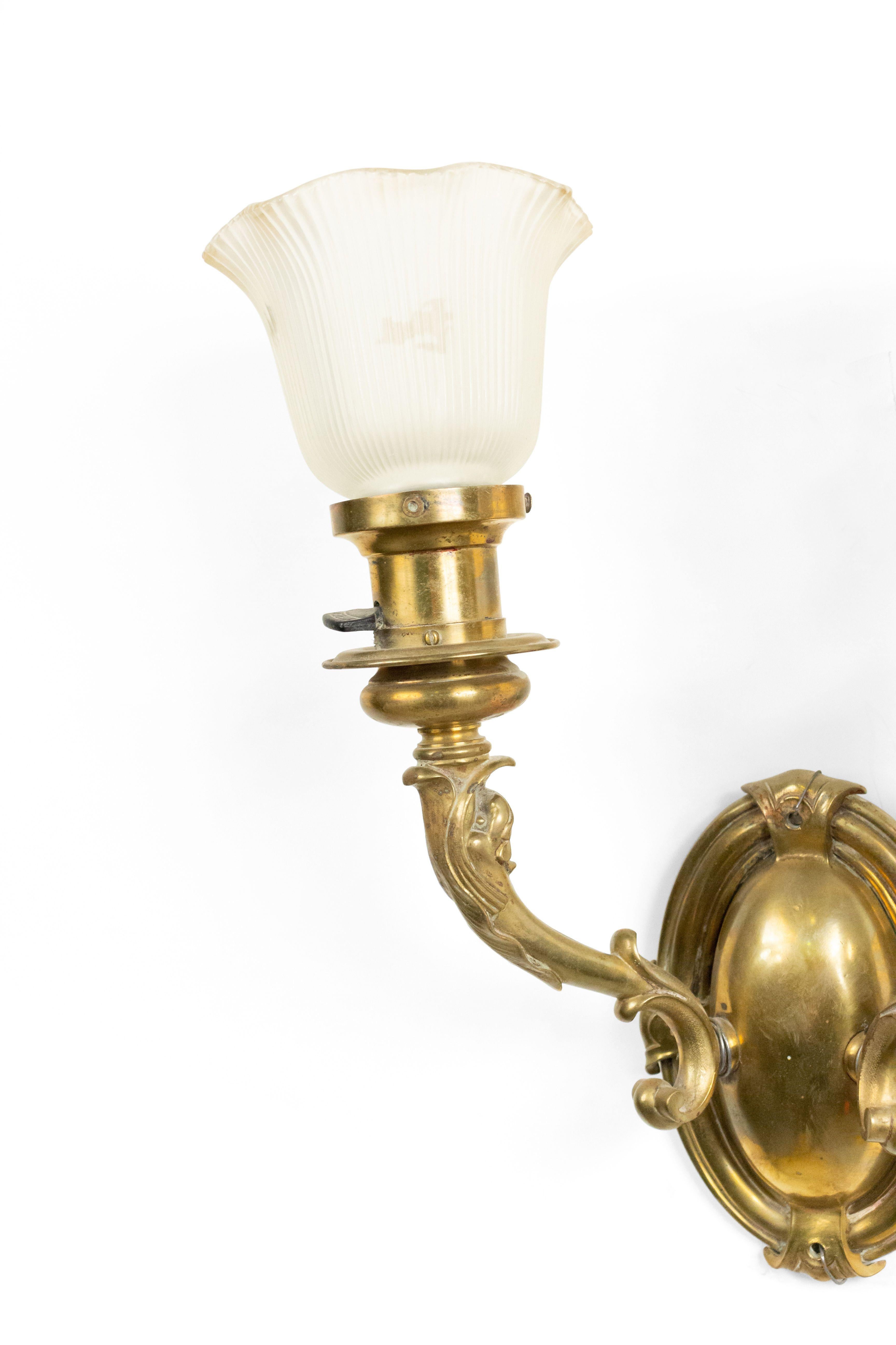 Pair of American Victorian bronze wall sconces with two dolphin arms and etched glass shades. (PRICED AS PAIR).