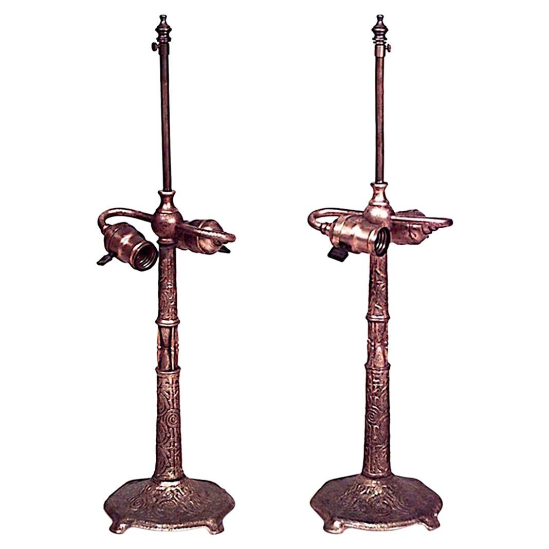 Pair of American Victorian Bronze Dore Tiffany Table Lamps For Sale