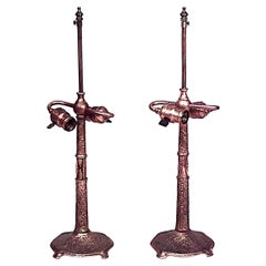 Antique Pair of American Victorian Bronze Dore Tiffany Table Lamps