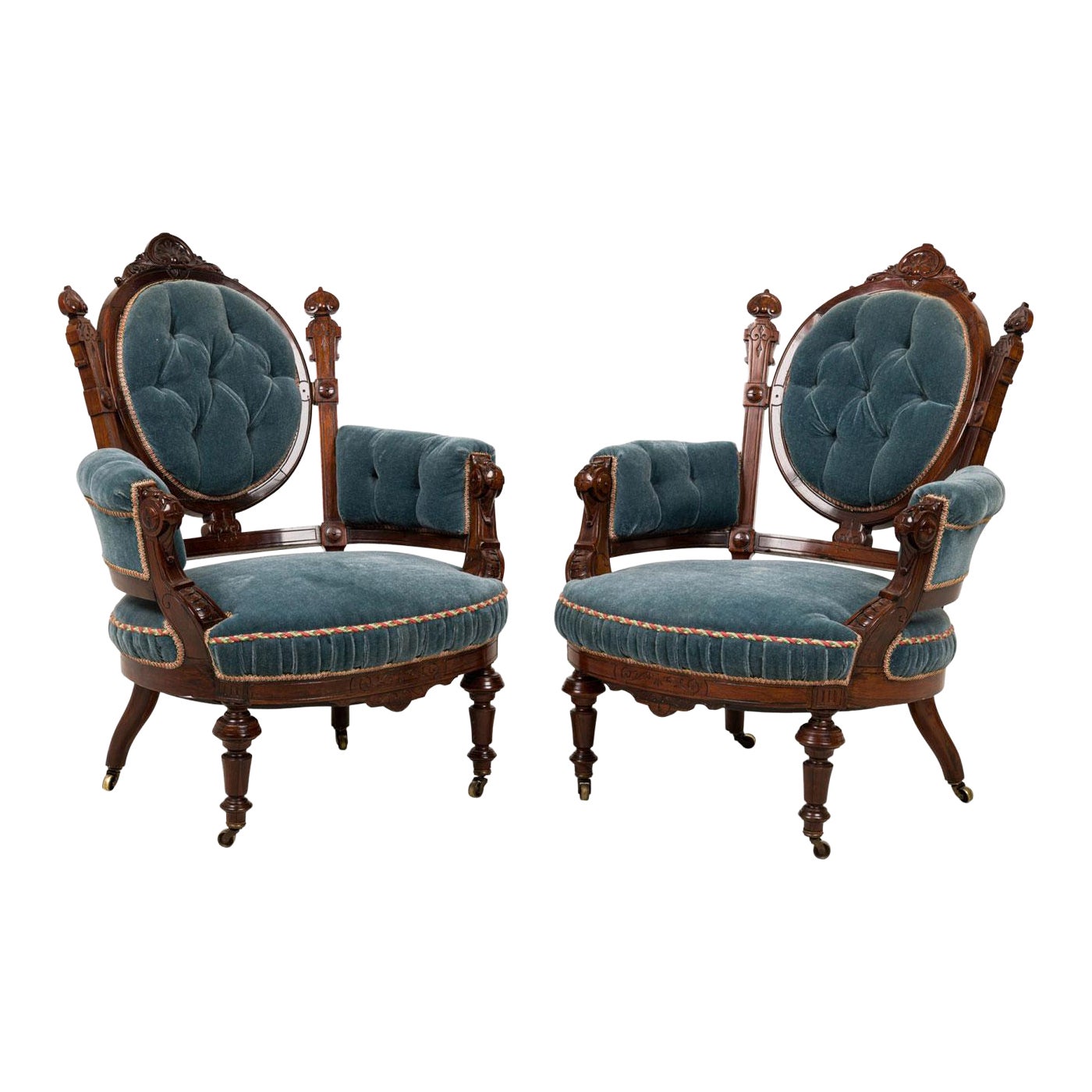 Pair of American Victorian Carved Rosewood 
Tufted Powder Blue Velvet Armchairs For Sale