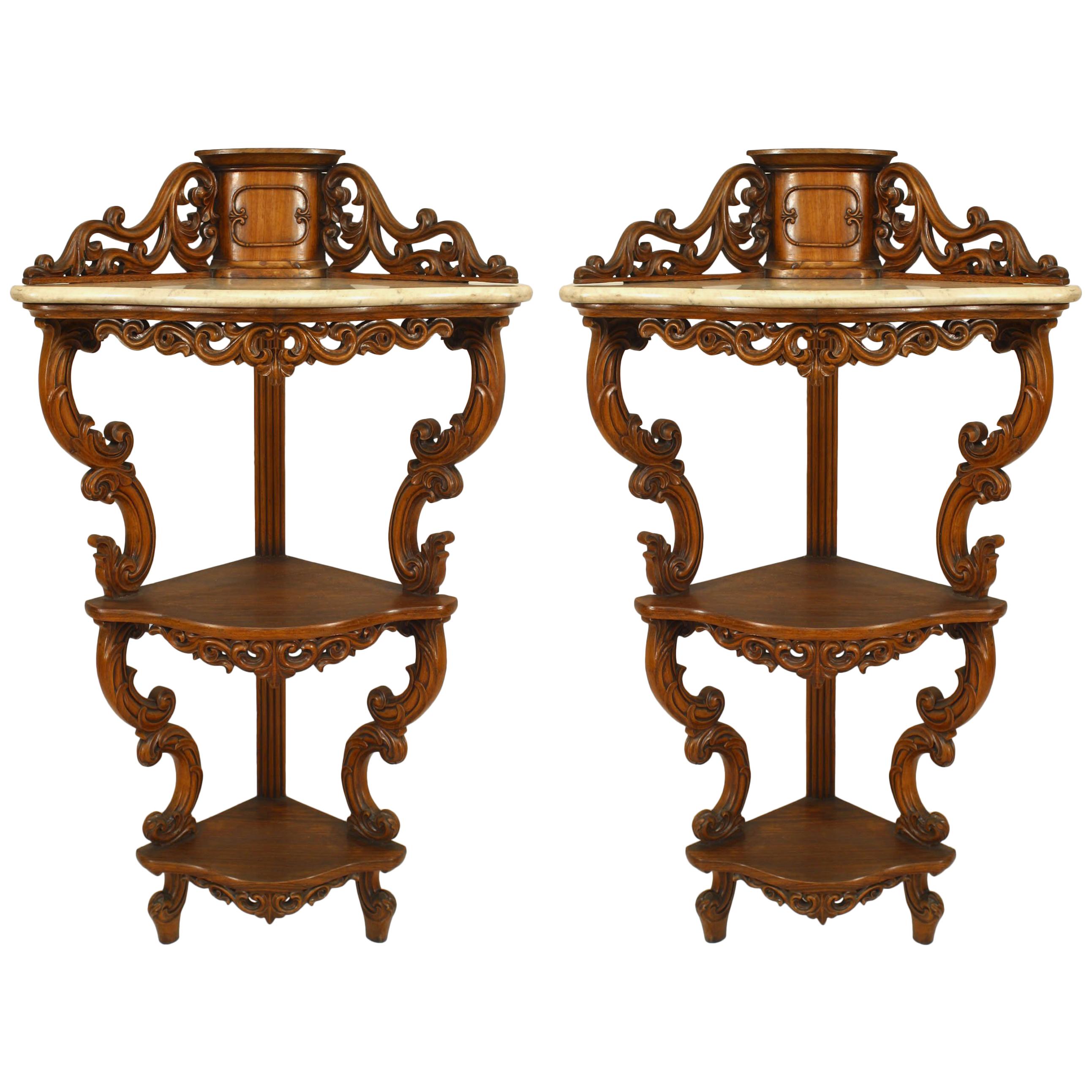 Pair of Victorian Rosewood Corner Hanging Etageres For Sale