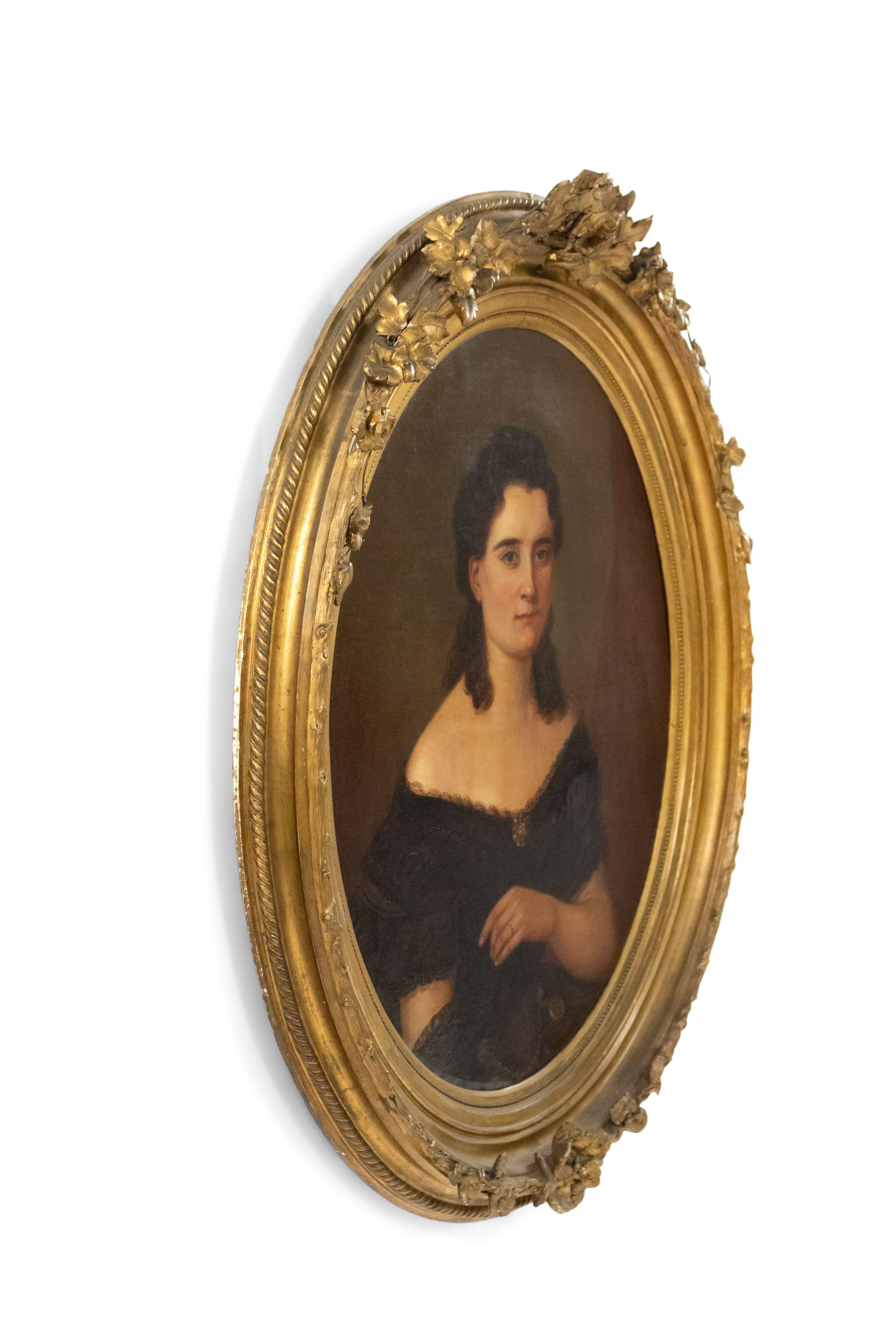 Pair of American Victorian Couple Oil Portraits in Gilded Oval Frames For Sale 2