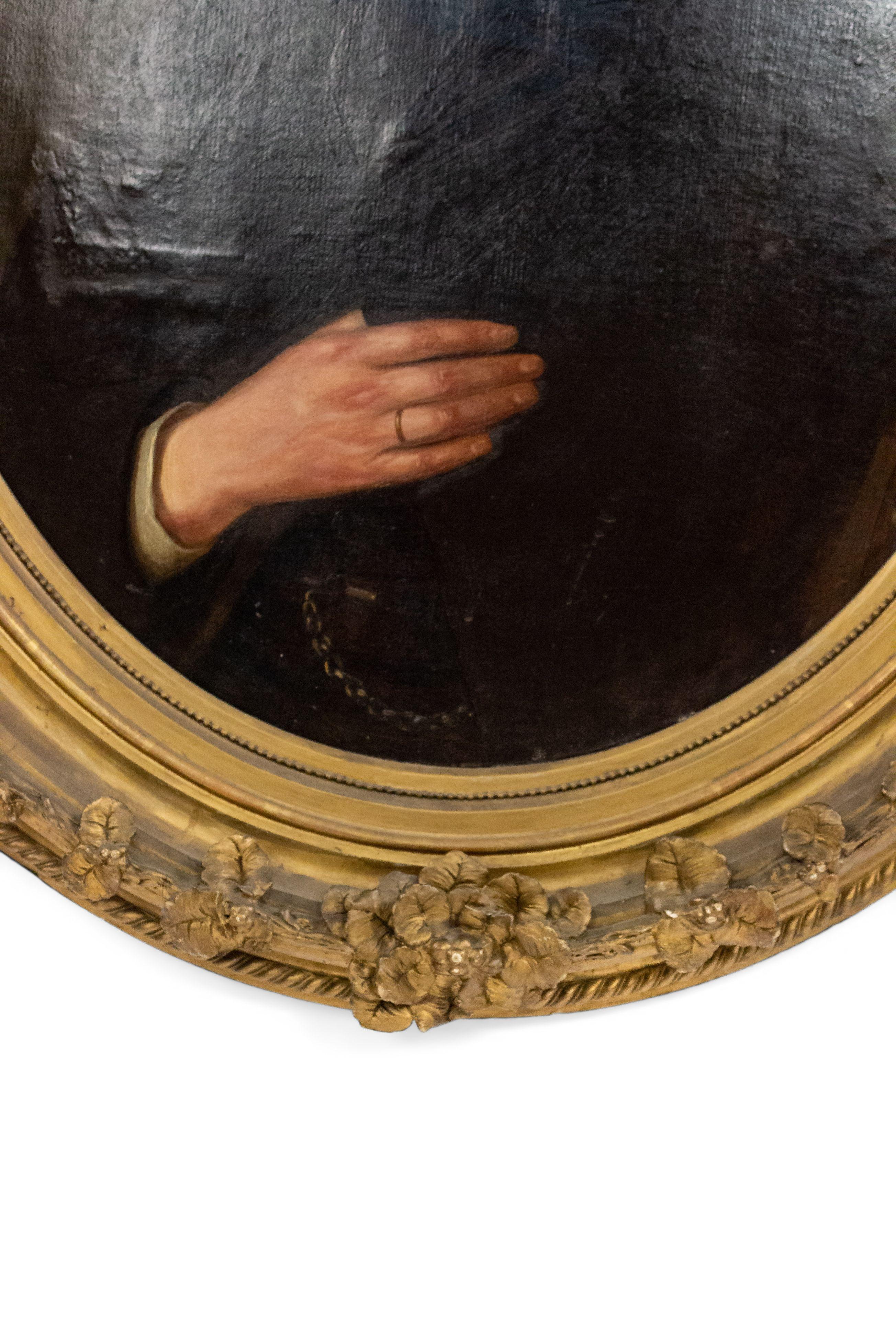 Oiled Pair of American Victorian Couple Oil Portraits in Gilded Oval Frames For Sale