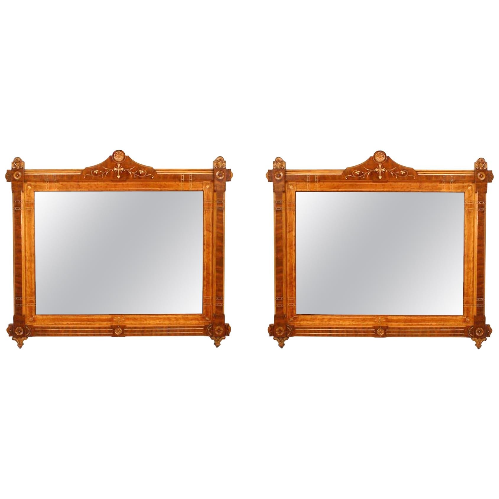 Pair of Victorian Eastlake Walnut and Birdseye Maple Carved Wall Mirrors For Sale