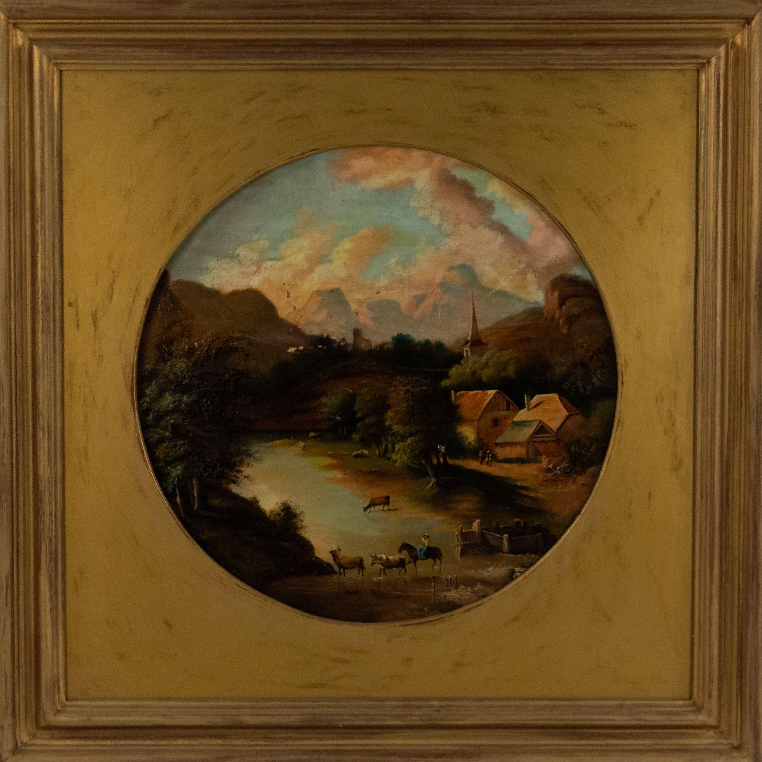 Pair of American Victorian round landscape oil paintings with pastoral scenes in square gilt frames.