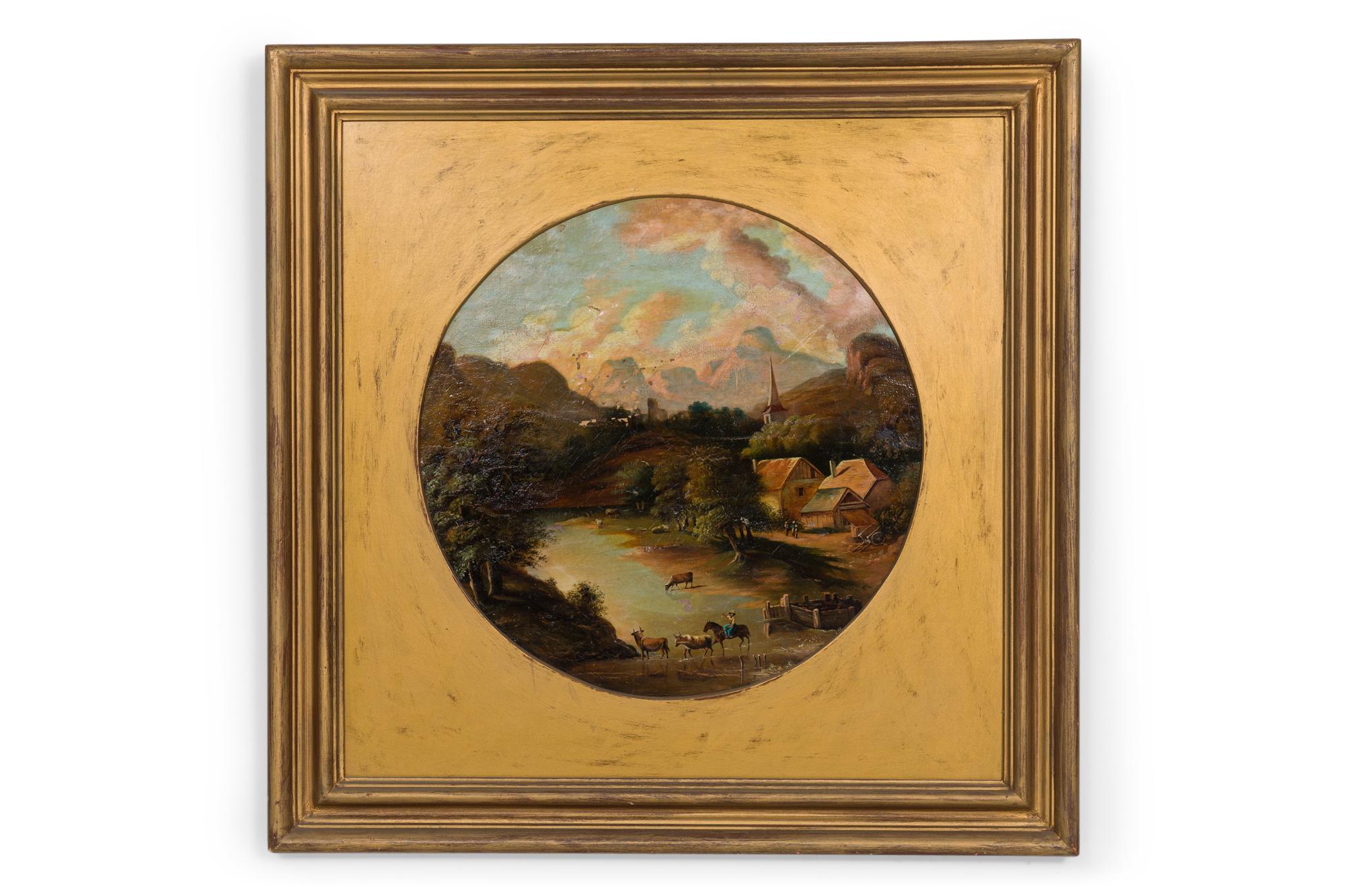 Pair of American Victorian round landscape oil paintings with pastoral scenes in square gilt frames.