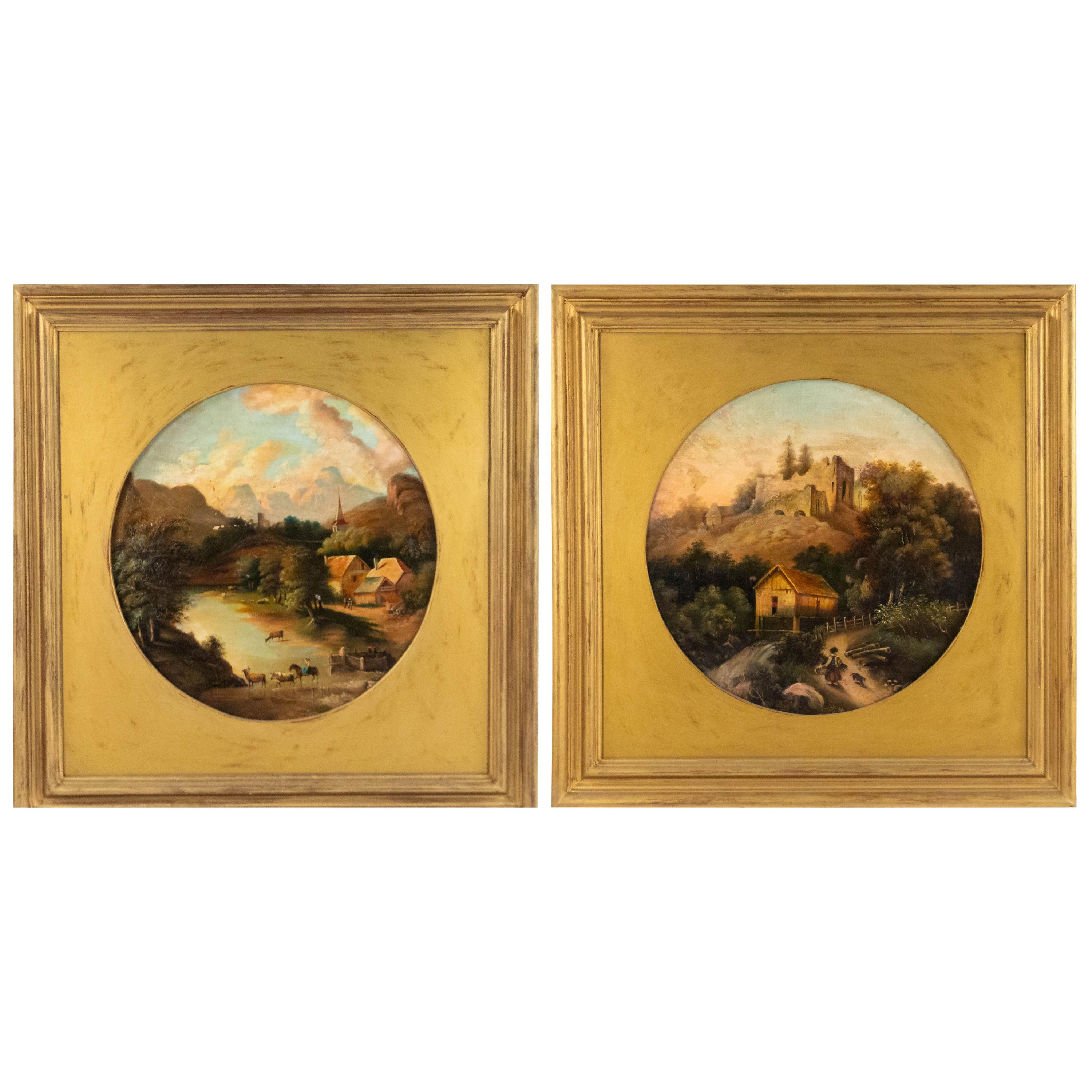 Paire de peintures de paysages victoriens américains dans des cadres dorés en vente