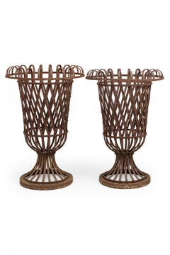 Pair of American Victorian Outdoor Wrought Iron Woven Garden Urns