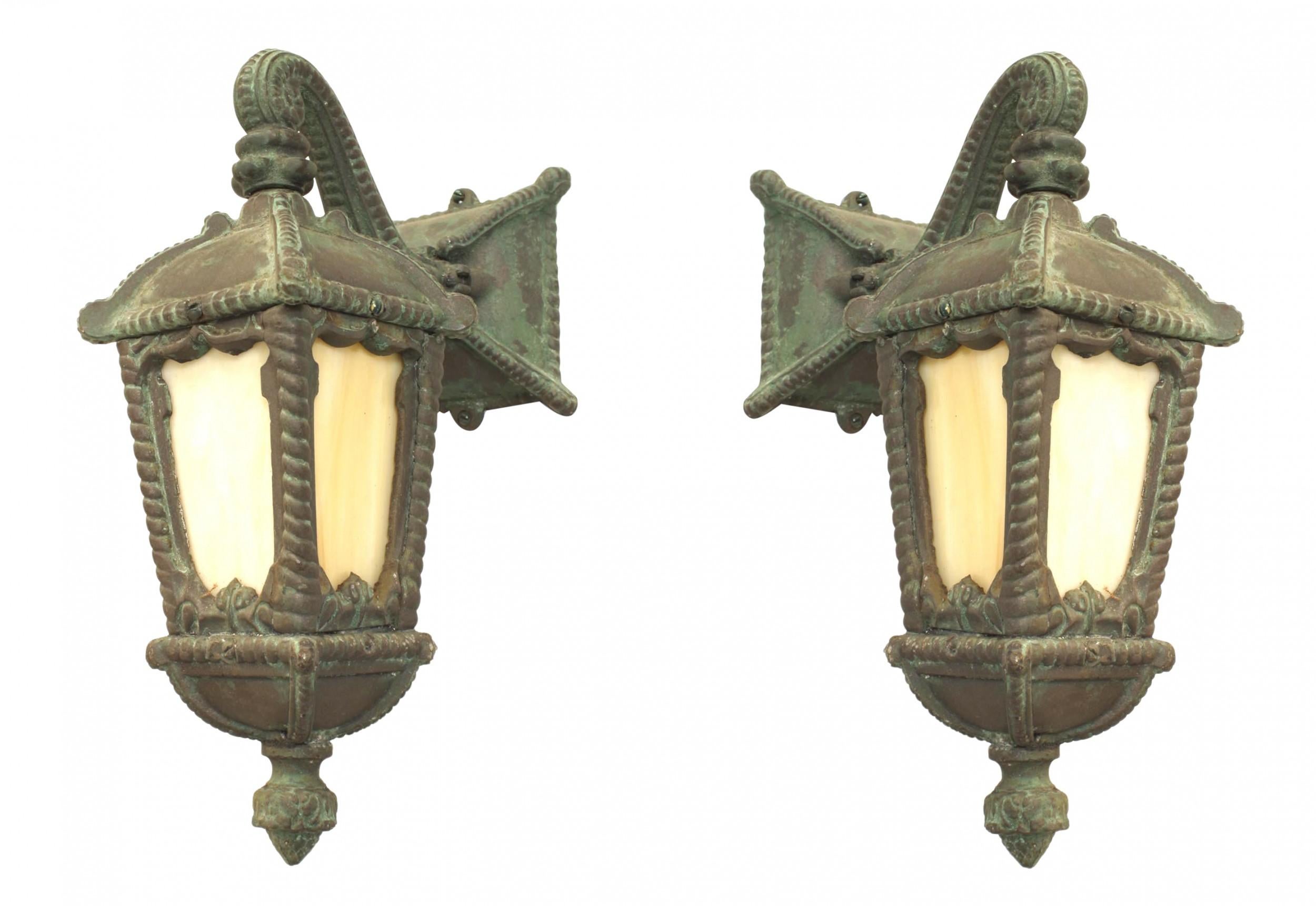 Painted Pair of American Victorian Patinated Iron Outdoor Lantern Sconces