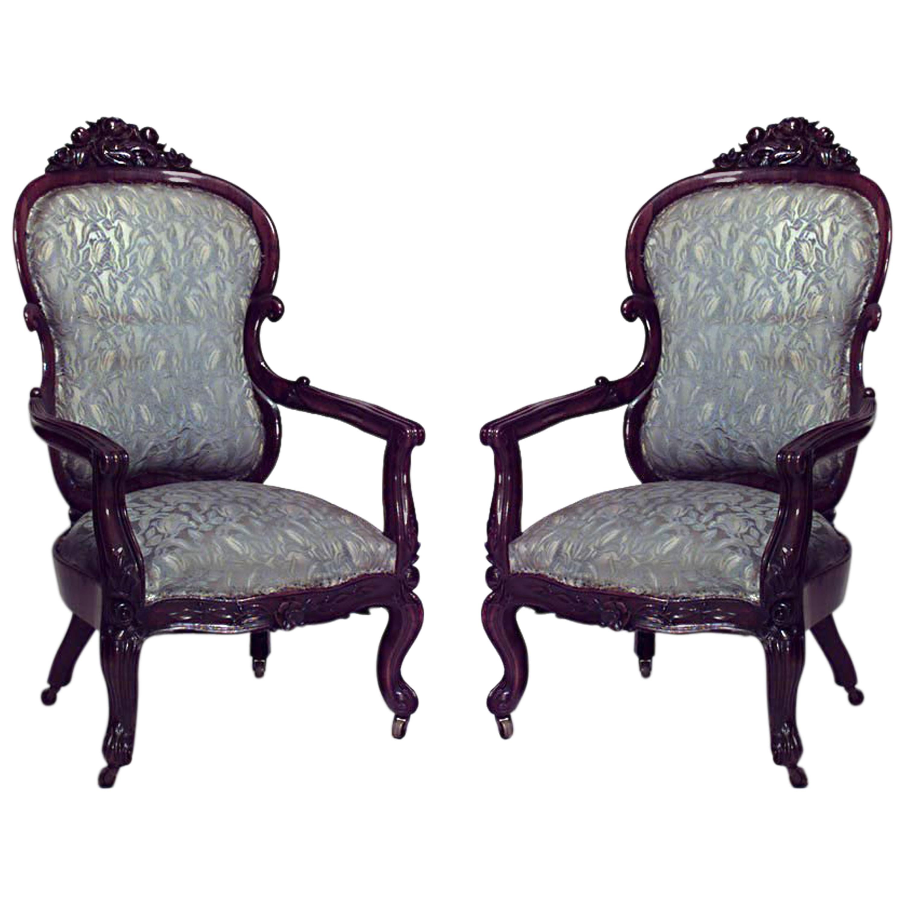 Pair of John Henry Belter American Victorian Rosewood Armchairs For Sale