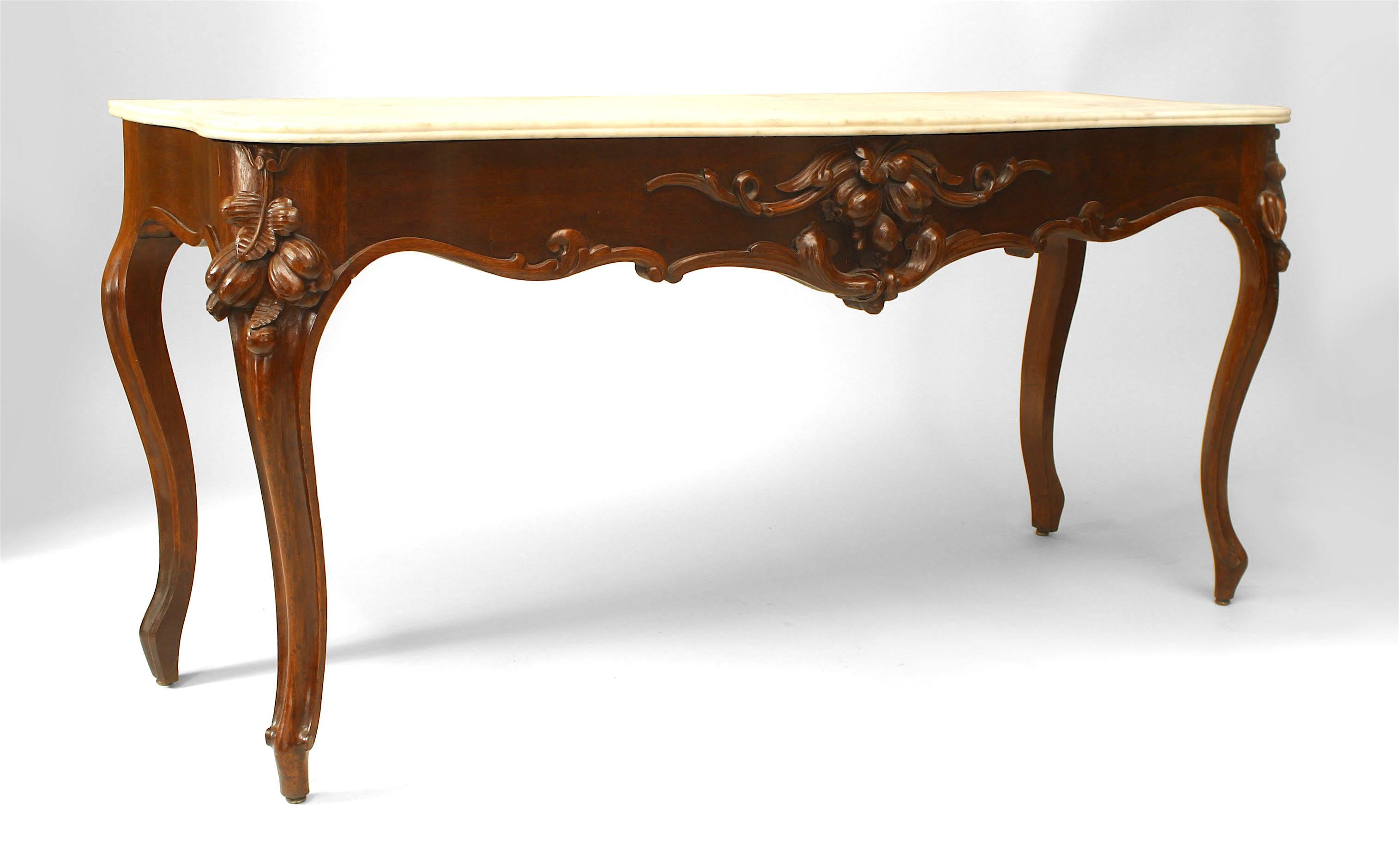 Pair of American Victorian mahogany serpentine front console tables with white marble top (PRICED AS Pair)
