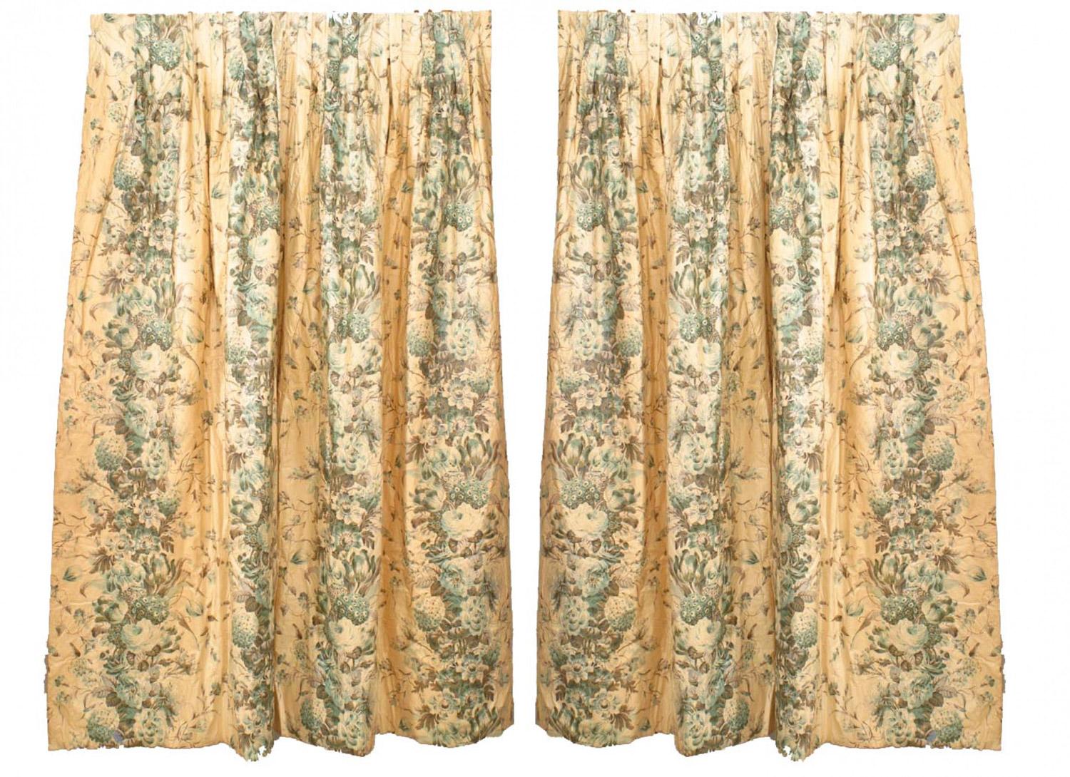 Pair of American Victorian Style Cream Chintz Floral Drapes For Sale