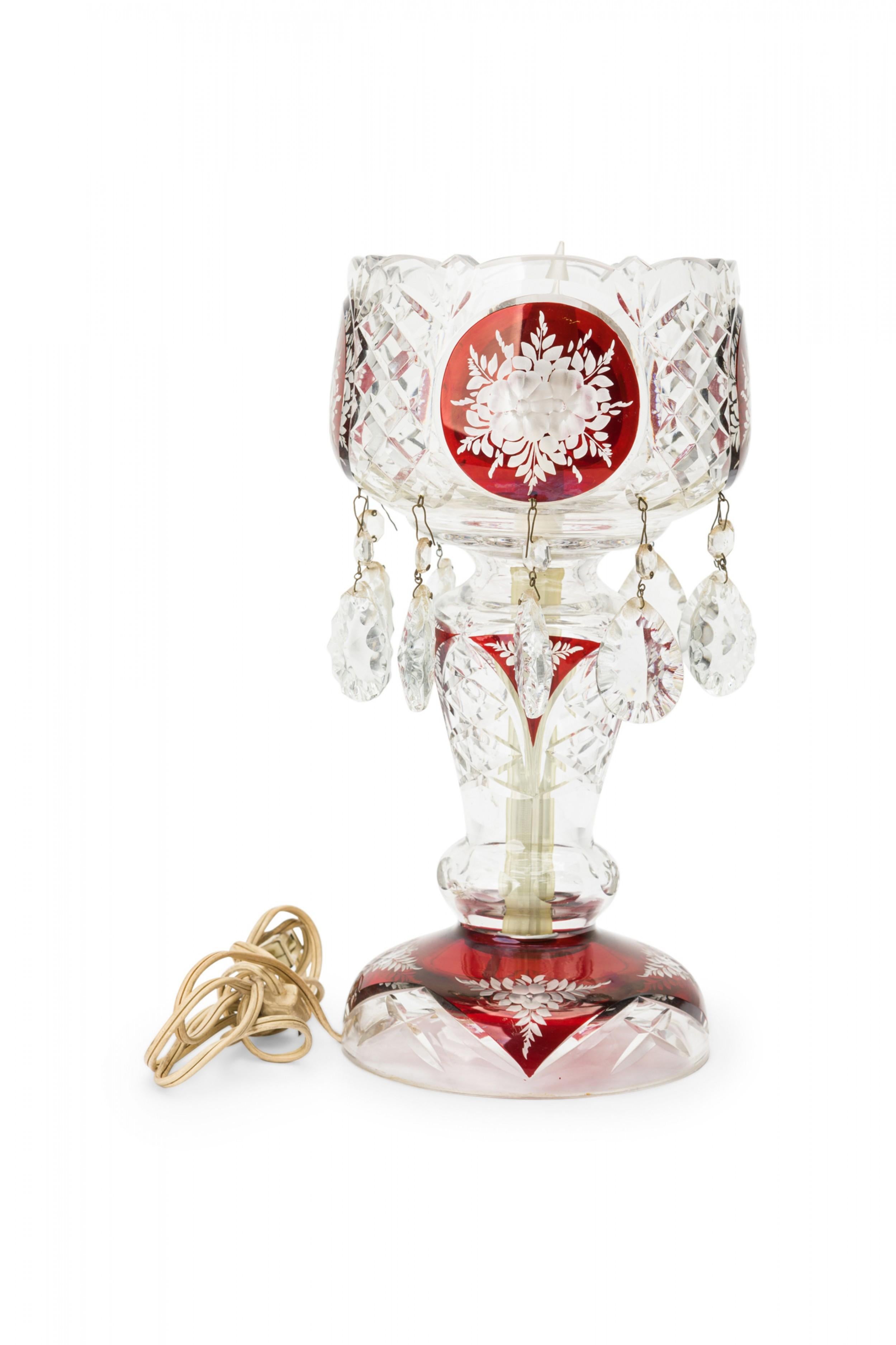 Pair of American Victorian Style Red and Clear Cut Crystal and Glass Table Lamps For Sale 7