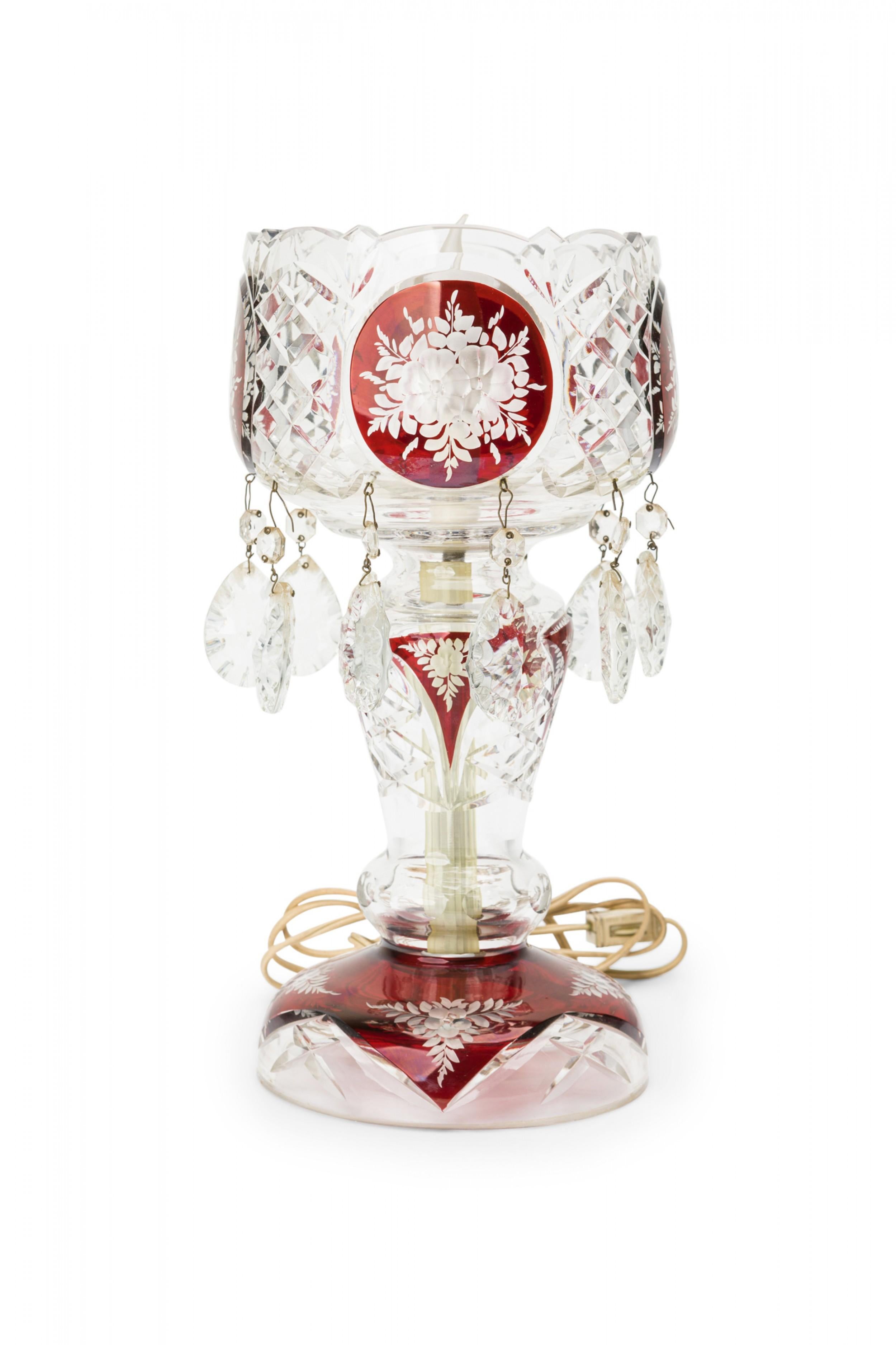 Pair of American Victorian Style Red and Clear Cut Crystal and Glass Table Lamps For Sale 8