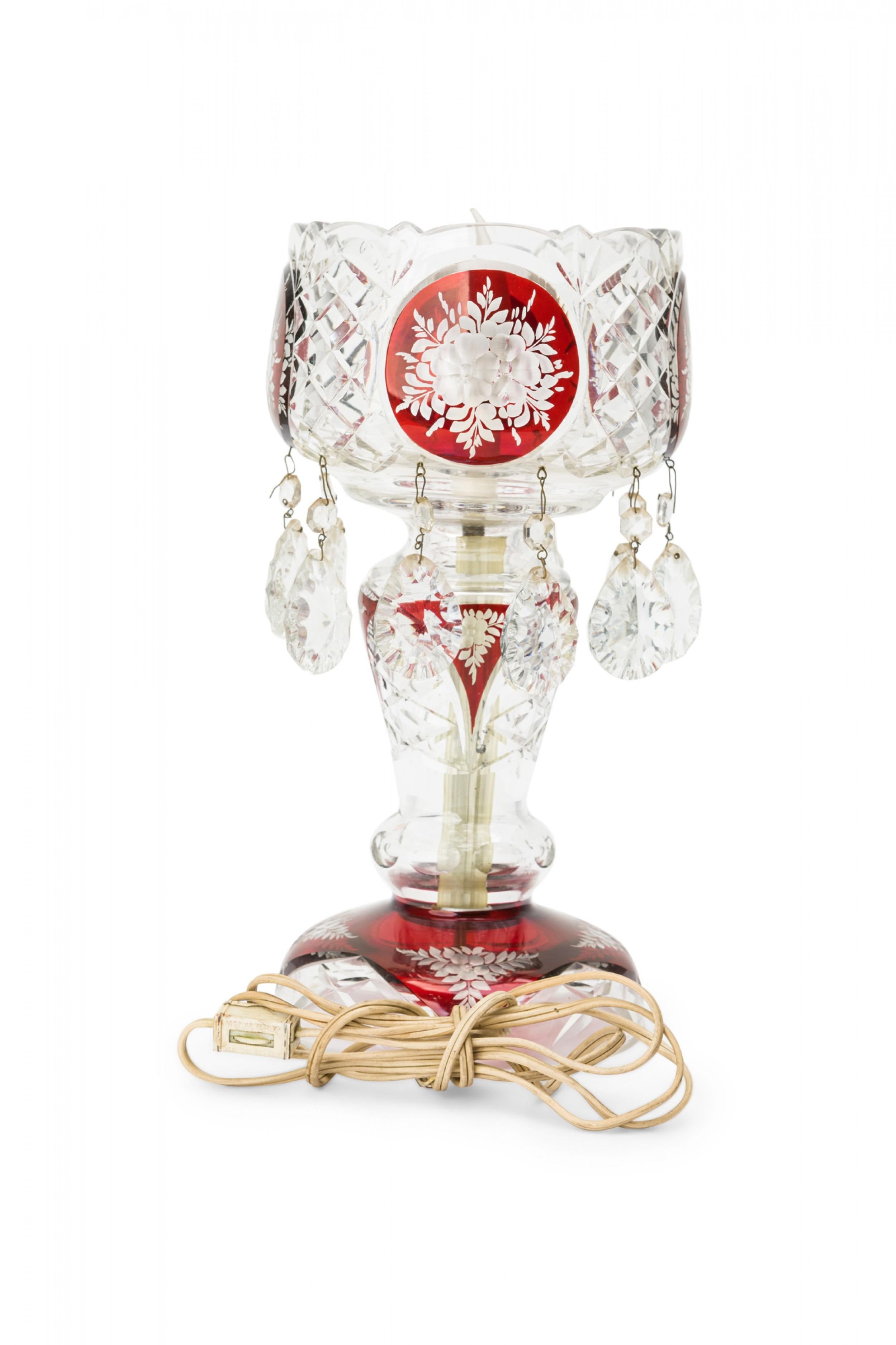 20th Century Pair of American Victorian Style Red and Clear Cut Crystal and Glass Table Lamps For Sale