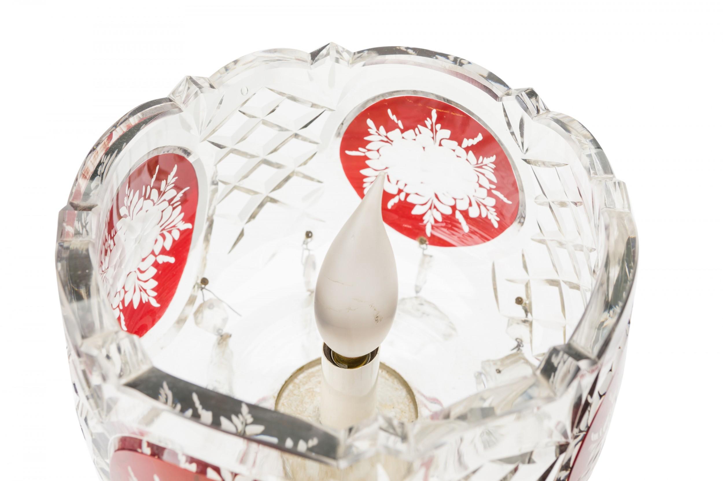 Pair of American Victorian Style Red and Clear Cut Crystal and Glass Table Lamps For Sale 1