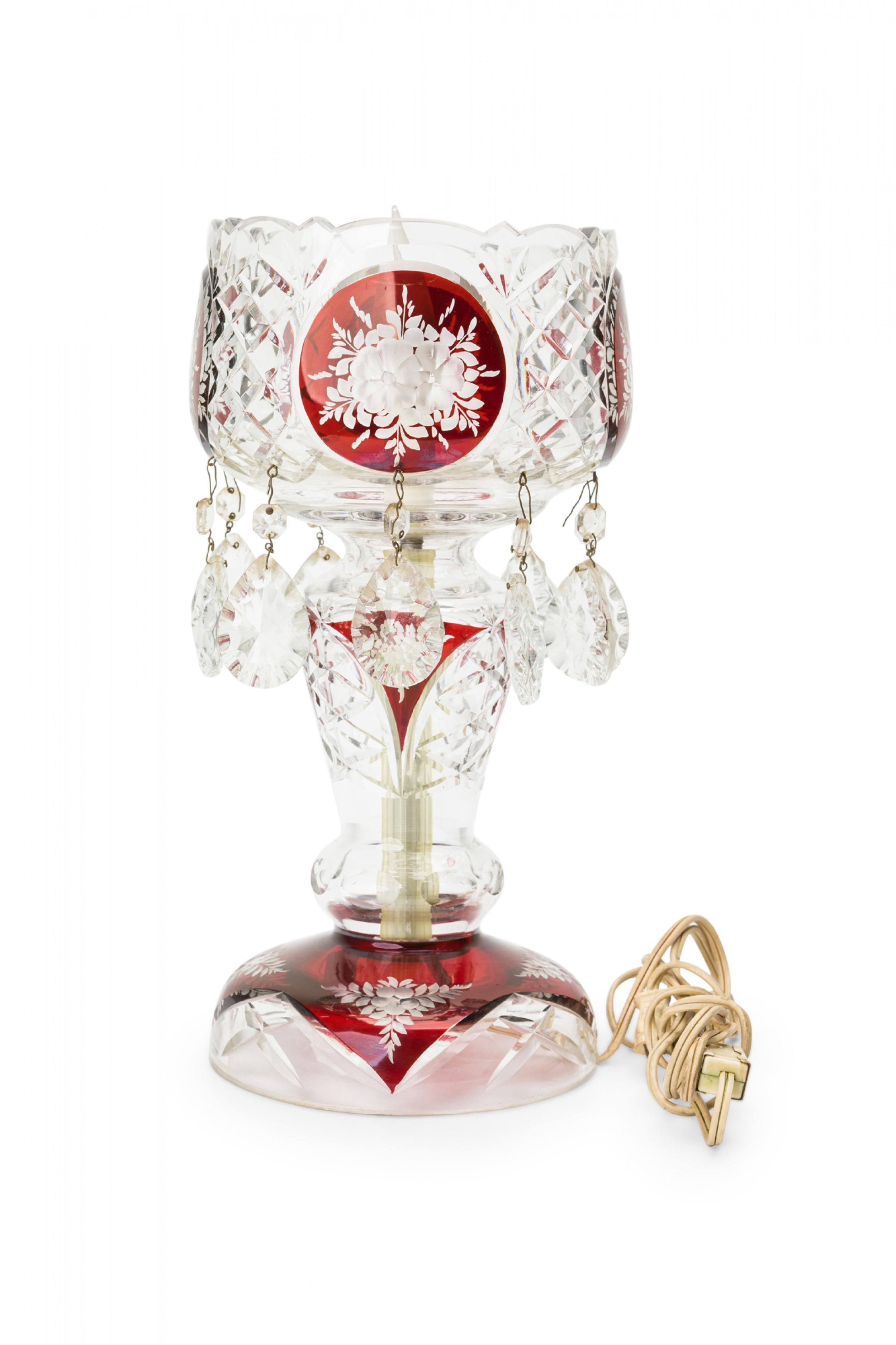 Pair of American Victorian Style Red and Clear Cut Crystal and Glass Table Lamps For Sale 3