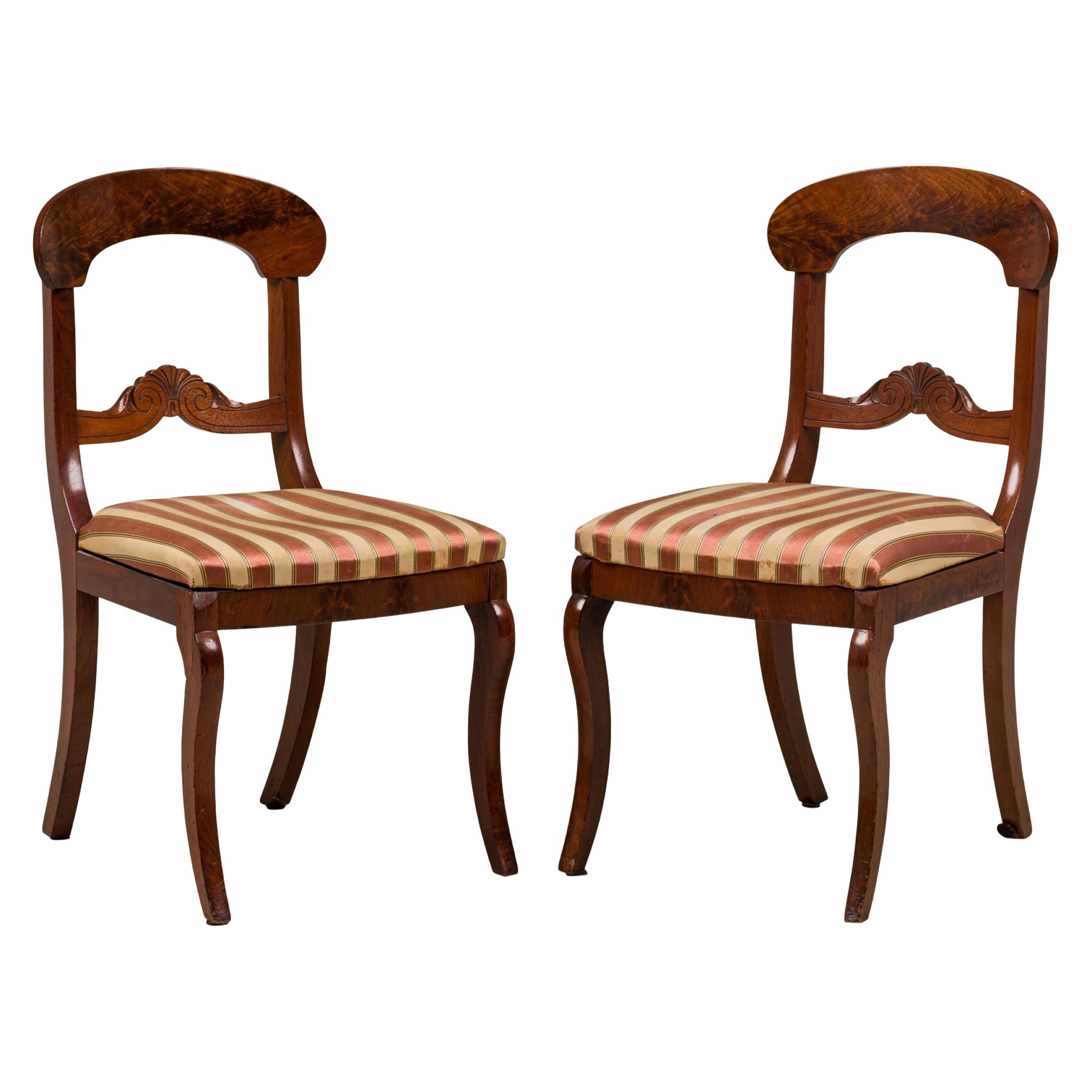 Pair of American Victorian Style Striped Upholstered Wooden Dining Side Chairs For Sale