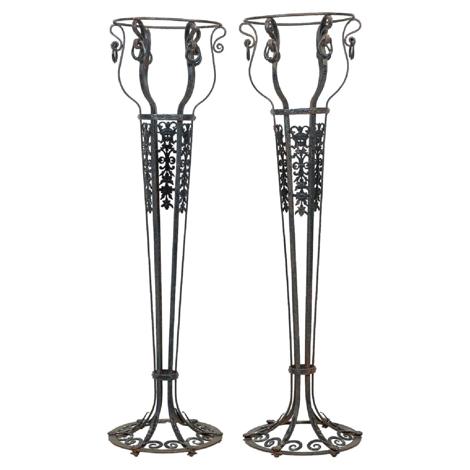 Pair of American Victorian Style Wrought Iron Outdoor Planters / Flower Stands