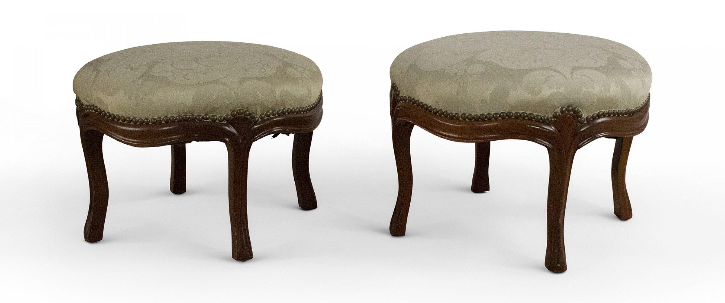 Fabric Pair of American Victorian Walnut and Pale Green Damask Footstools