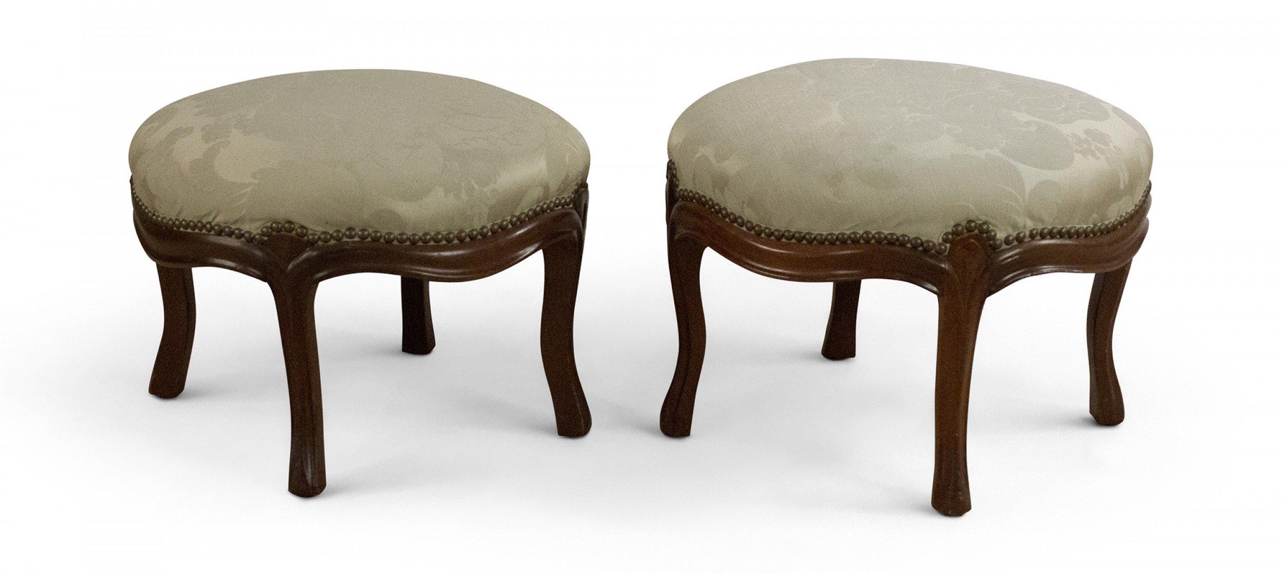 Pair of American Victorian Walnut and Pale Green Damask Footstools 1