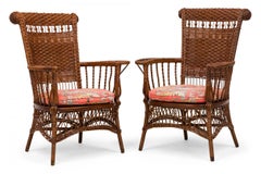 Pair of American Victorian Wicker Armchairs with Floral Cushions