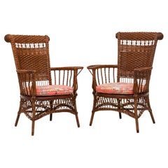 Antique Pair of American Victorian Wicker Armchairs with Floral Cushions