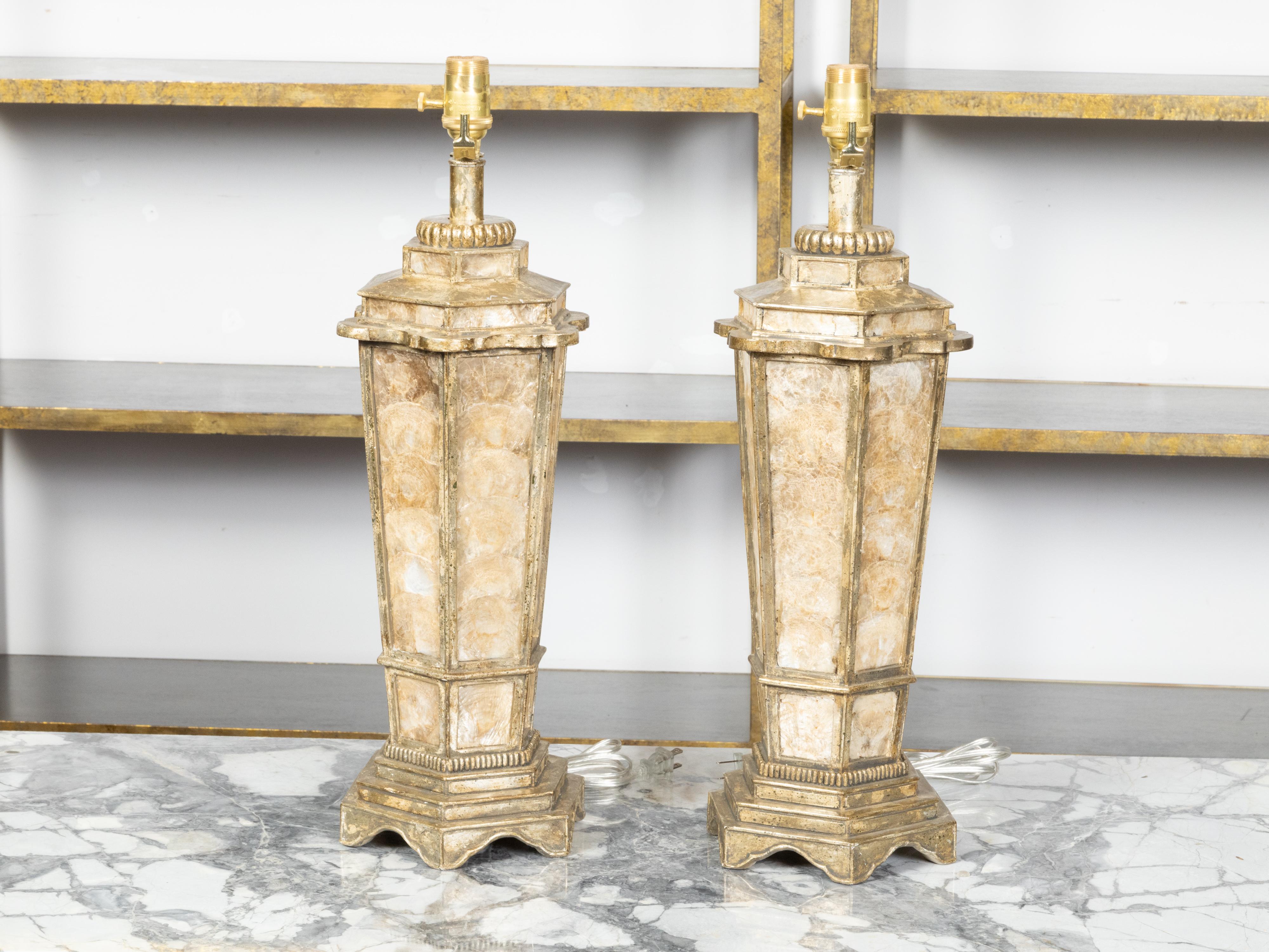 Gilt Pair of American Vintage Hexagonal Table Lamps with Shell Décor