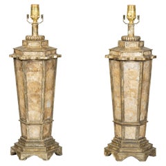 Pair of American Vintage Hexagonal Table Lamps with Shell Décor