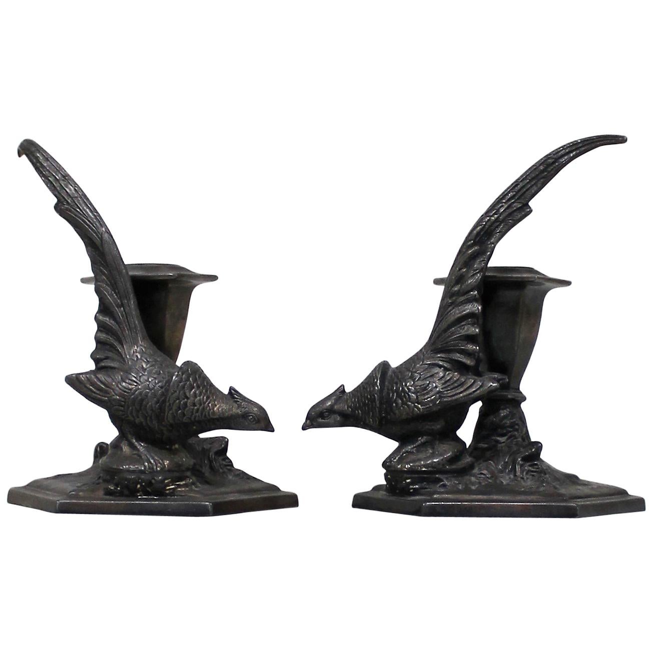 Pair of American Weidlich Bros, Silver Plate Pheasant Candlesticks