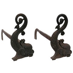 Pair of American Whimsical Castiron Dolphin Shaped Andirons