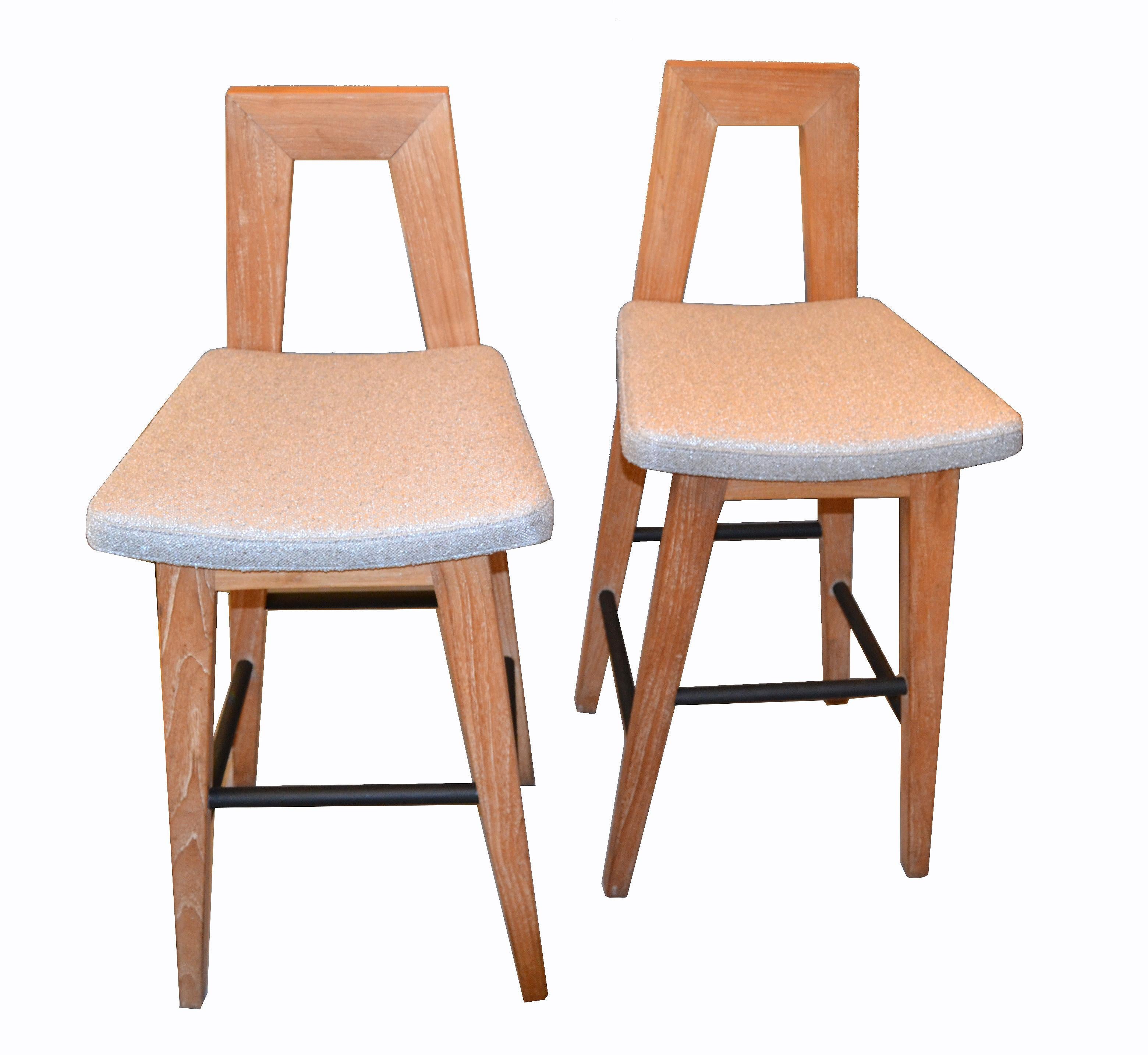 Pair of American White Oak and Fabric Mid-Century Modern Counter Height Stools 8