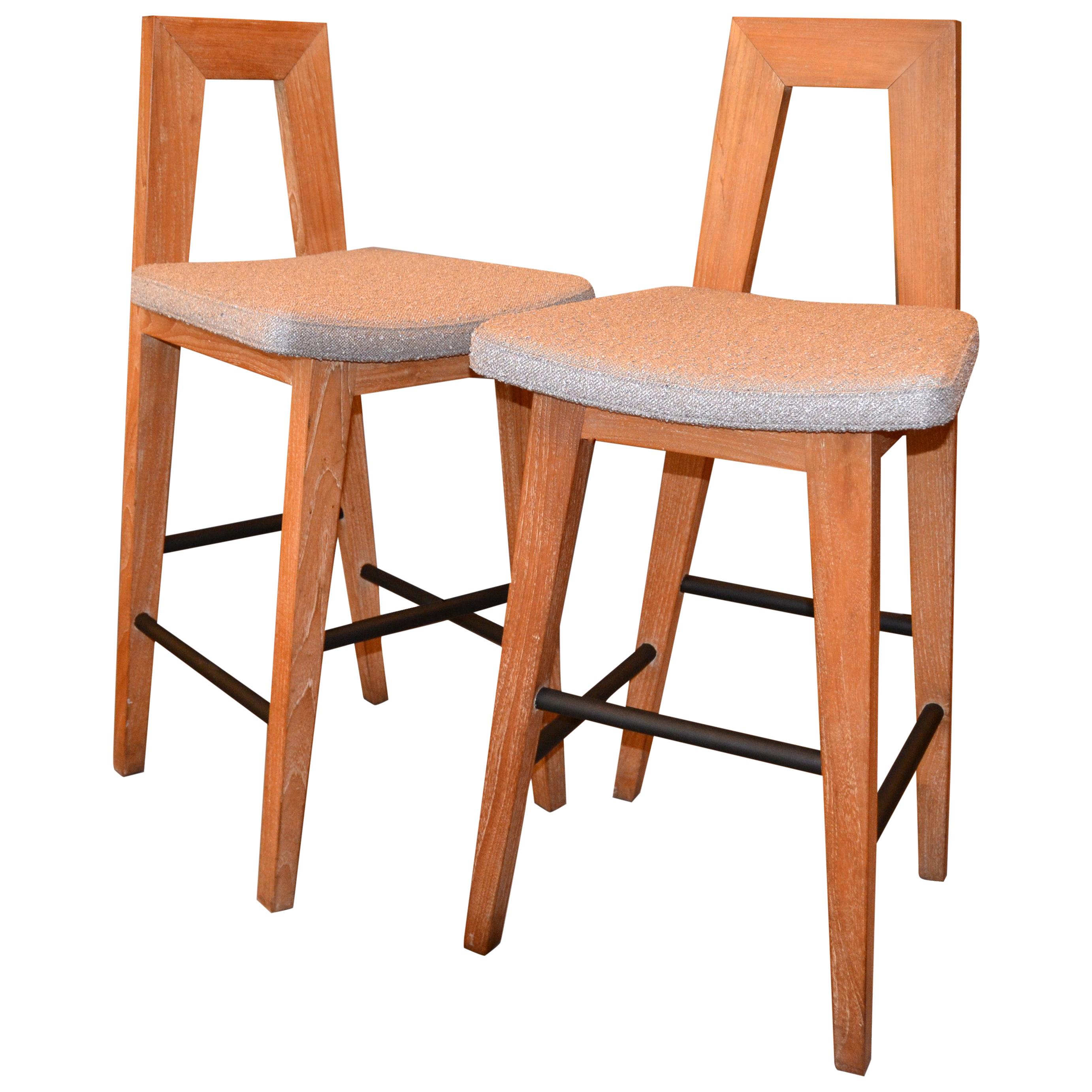 Pair of American White Oak and Fabric Mid-Century Modern Counter Height Stools