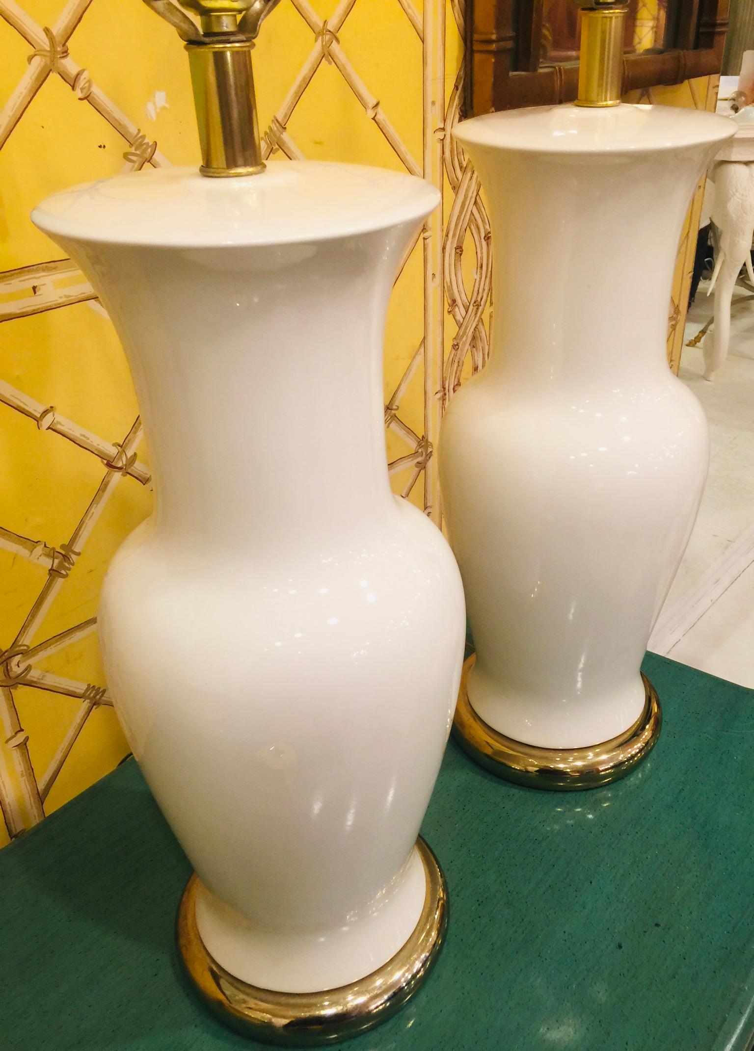 Pair of American White Porcelain Vase Lamps For Sale 2