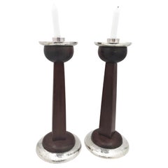 Pair of American Wood and Hammered Sterling Silver Candlesticks Arts & Crafts