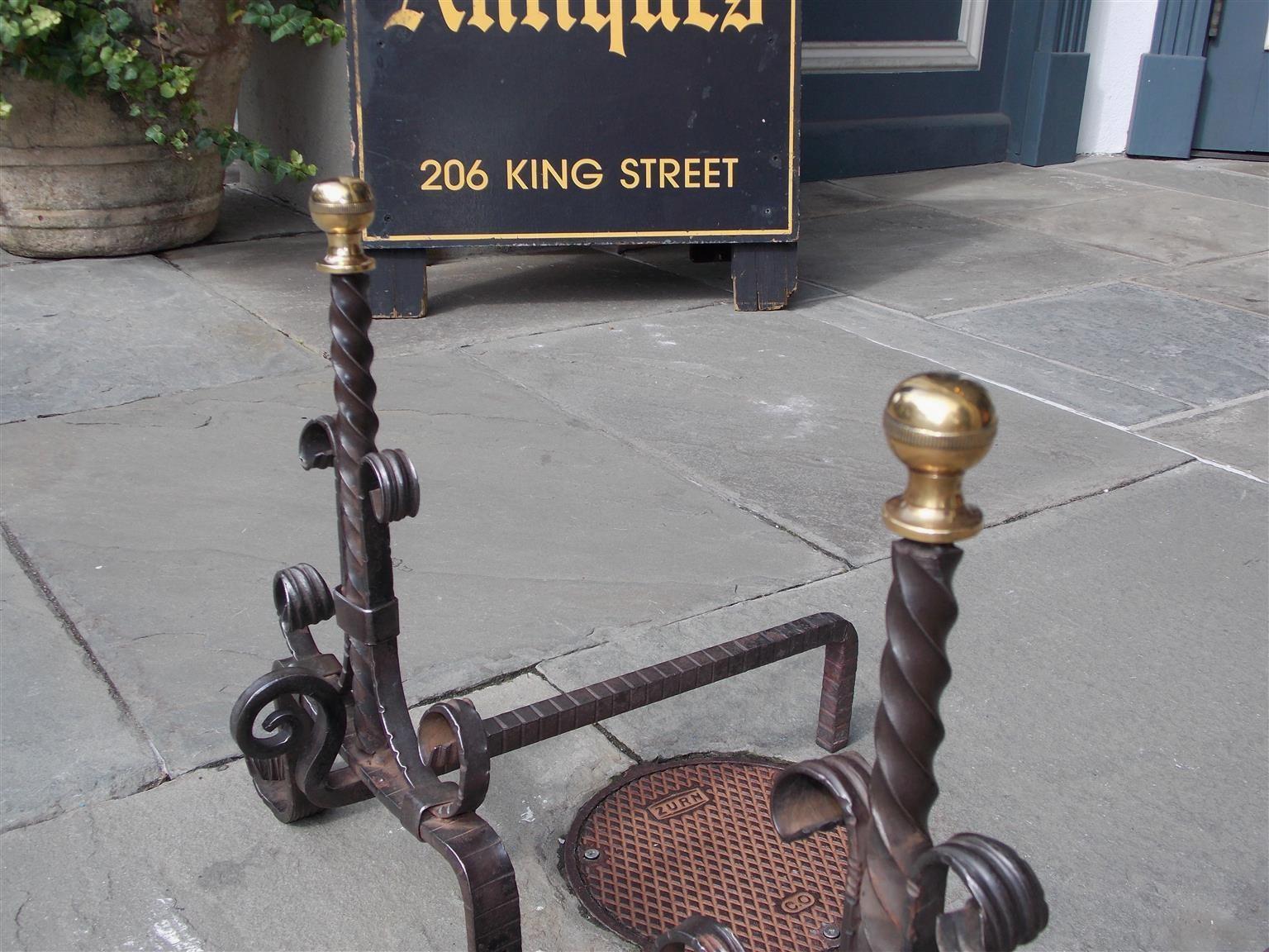 American Empire Pair of American Wrought Iron and Brass Ball Top Diminutive Andirons , C. 1840  For Sale