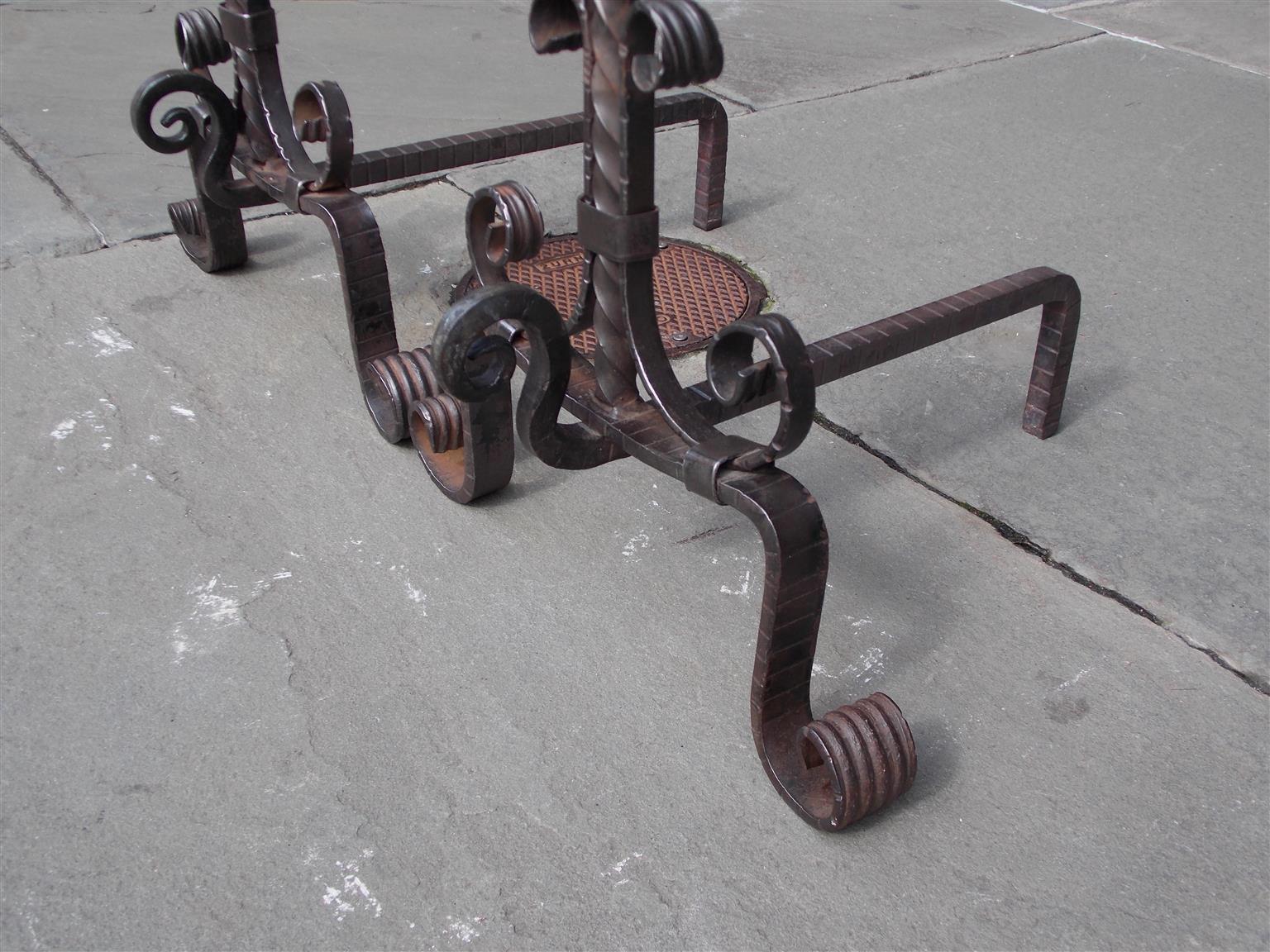 Cast Pair of American Wrought Iron and Brass Ball Top Diminutive Andirons , C. 1840  For Sale